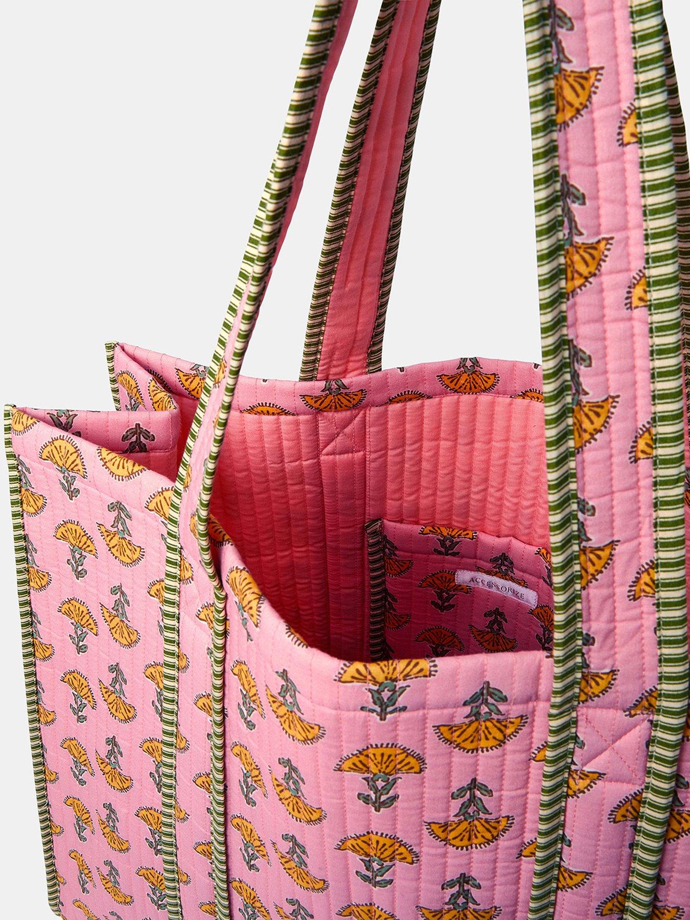Image 4 of 4 of Accessorize Block Print Quilted Tote Bag - Pink