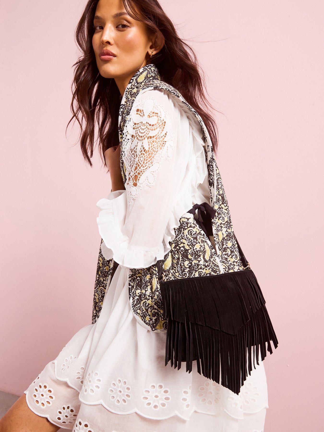 undefined Suede Fringe Cross Body Bag - Black