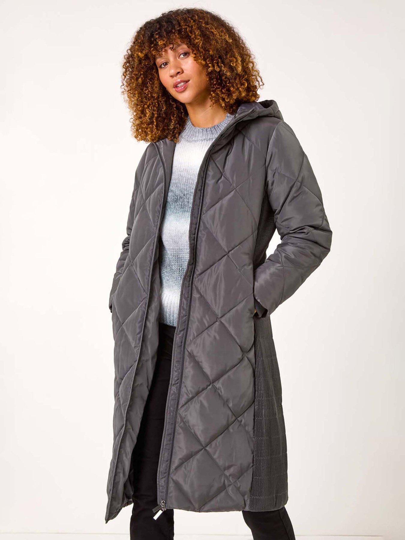 Roman Longline Diamond Quilt Hooded Coat - Grey