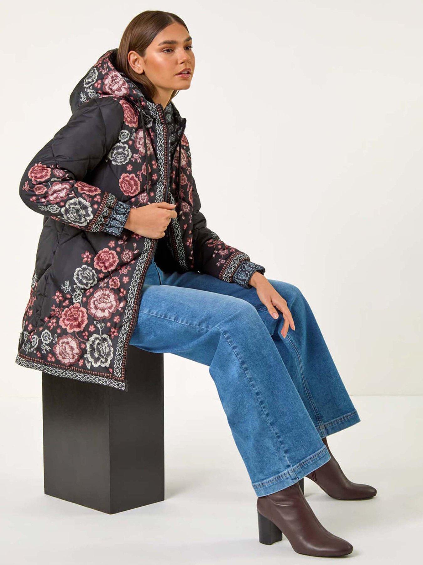 Roman Floral Print Quilted Hooded Coat - Black