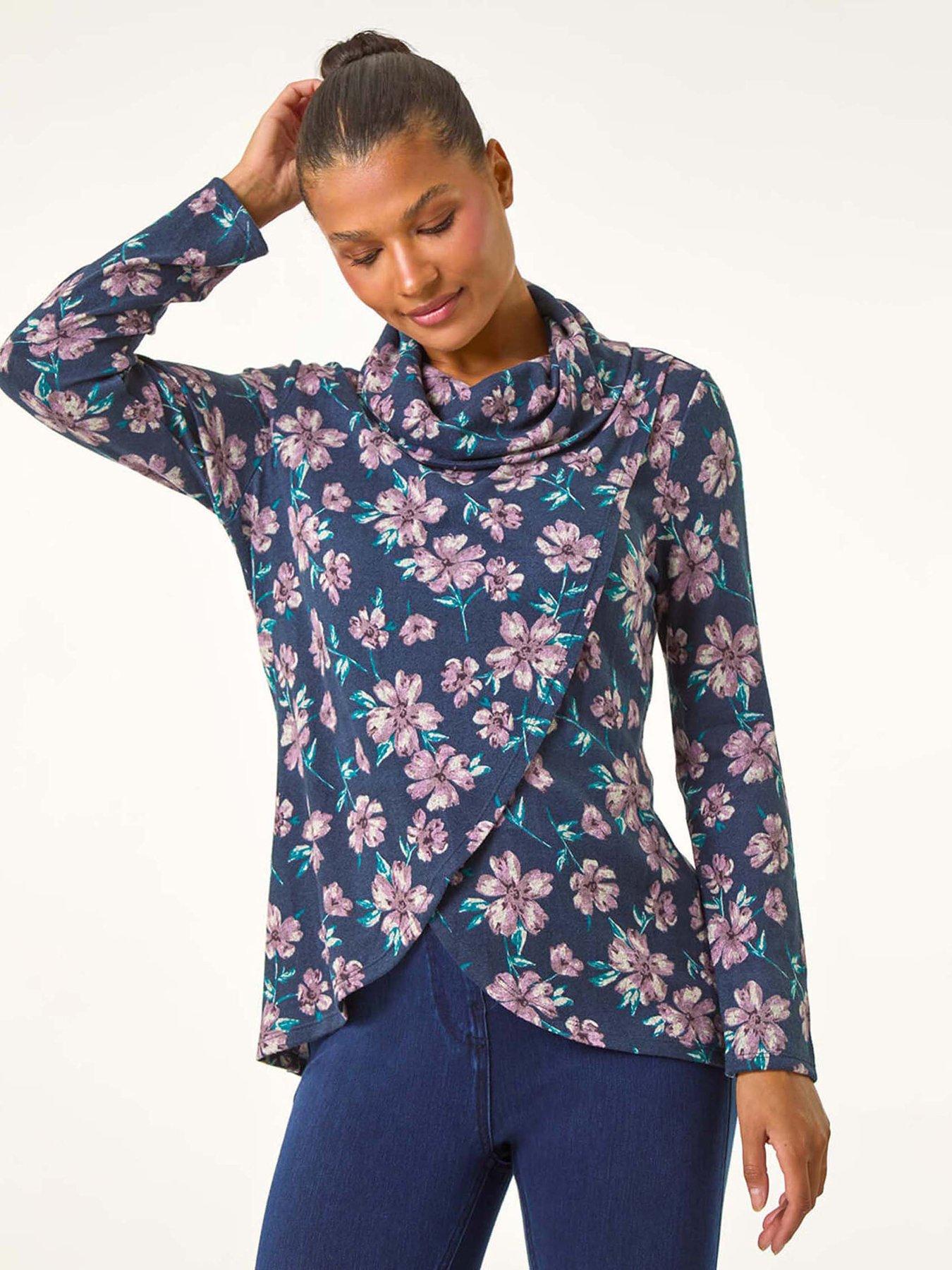 undefined Cowl Neck Floral Snit Top - Navy
