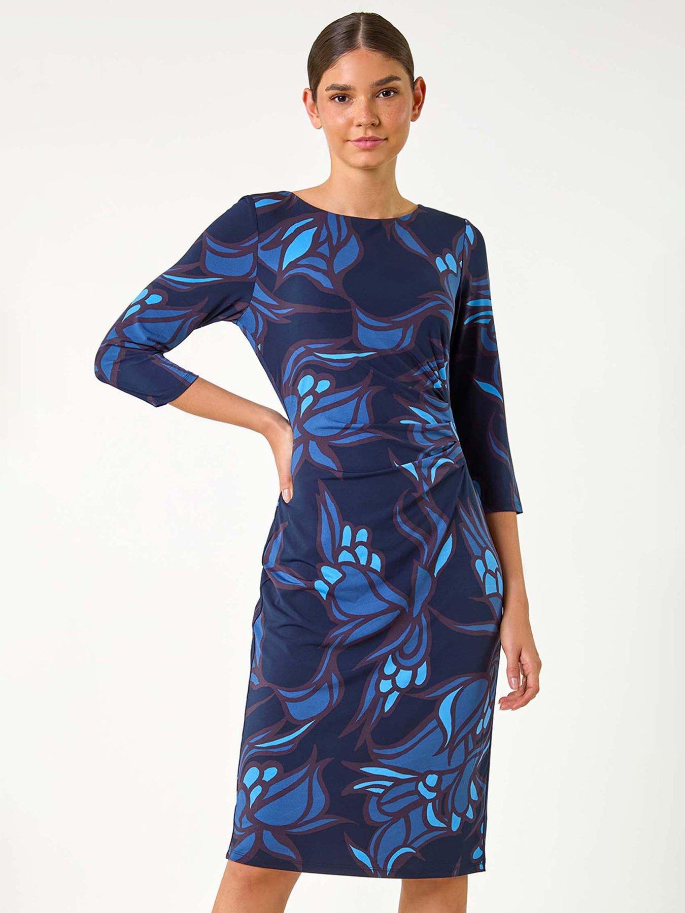 undefined Floral Print Ruched Stretch Dress - Blue