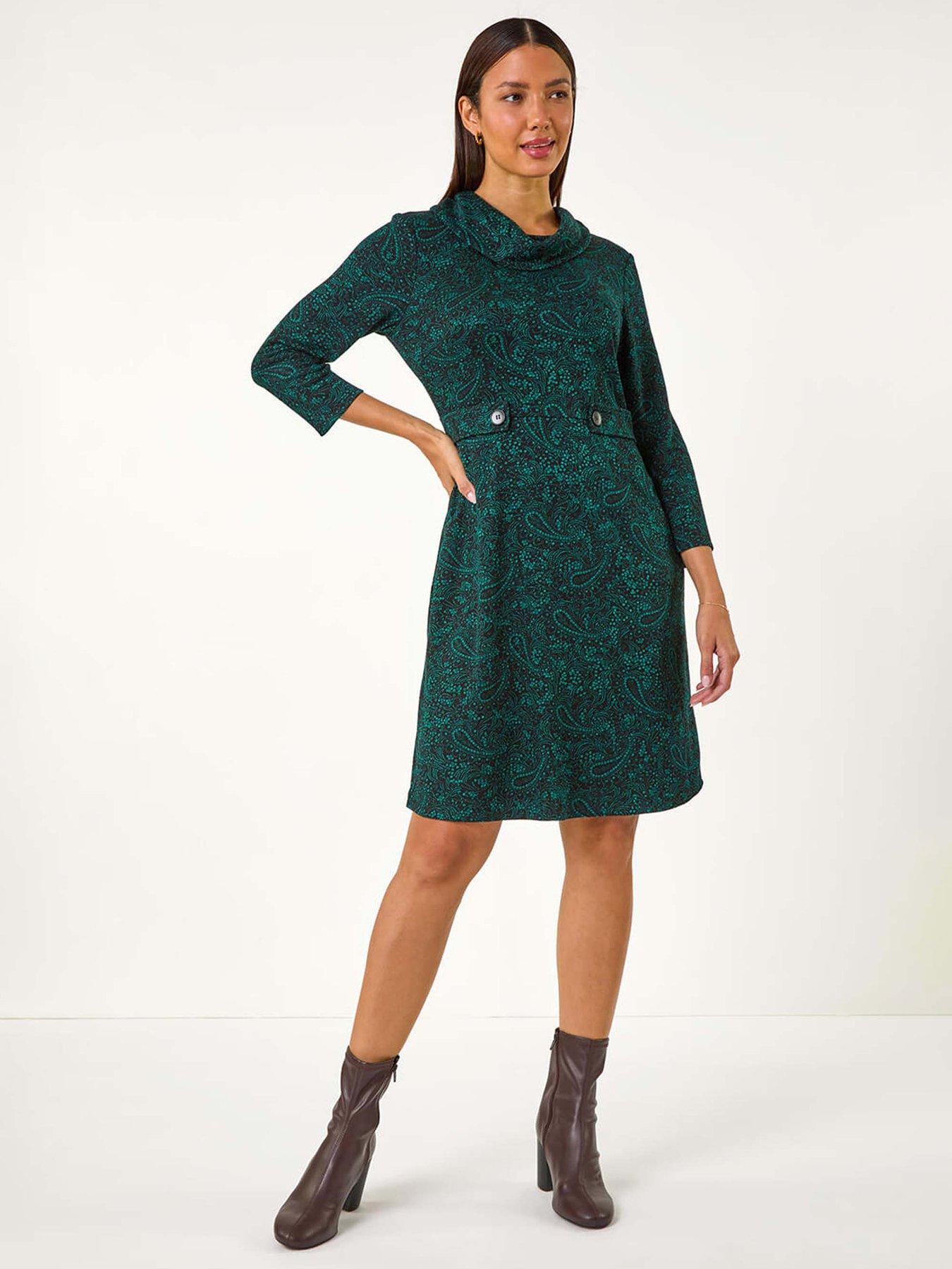 Roman Abstract Print Cowl Neck Tab Detail Dress - Green