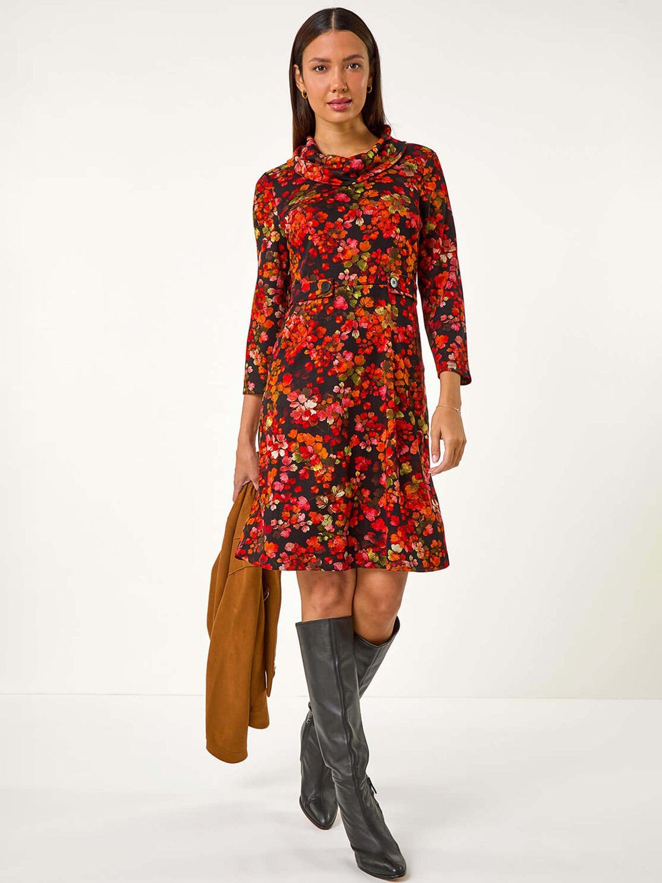 Roman Leaf Print Cowl Neck Tab Detail Dress - Red