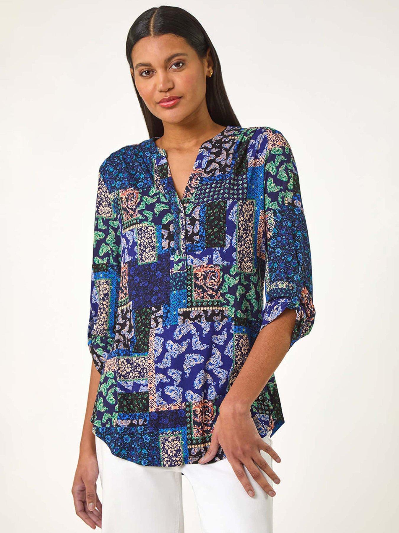 undefined Paisley Contrast Print Stretch Top - Navy