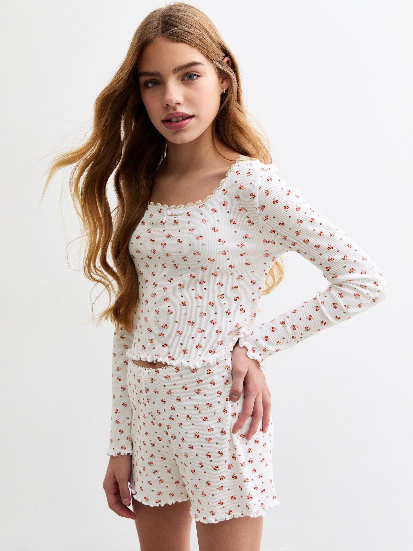 undefined Girls Ditsy Print Ribbed Pyjama Set - Red