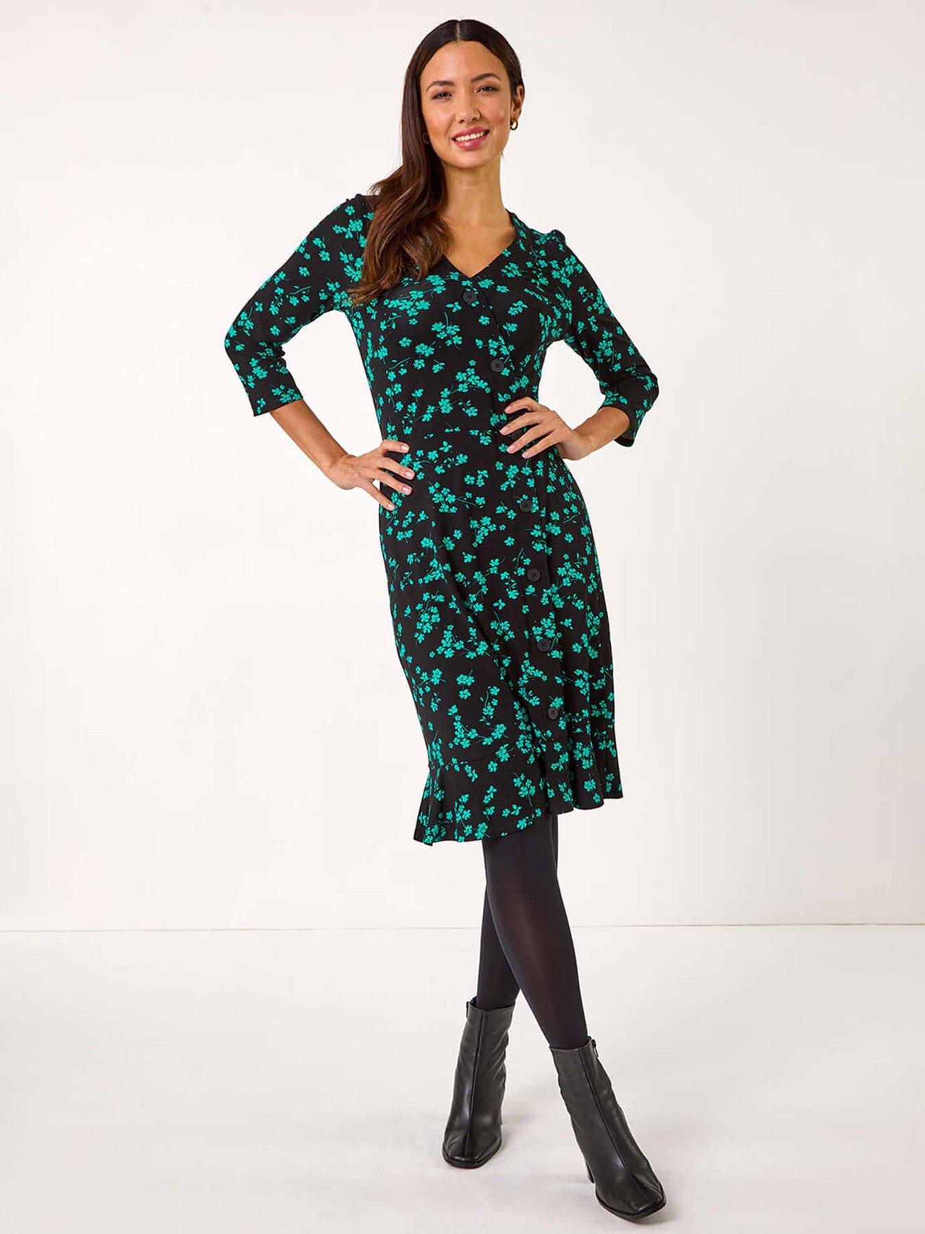 undefined Floral Side Button Dress - Black
