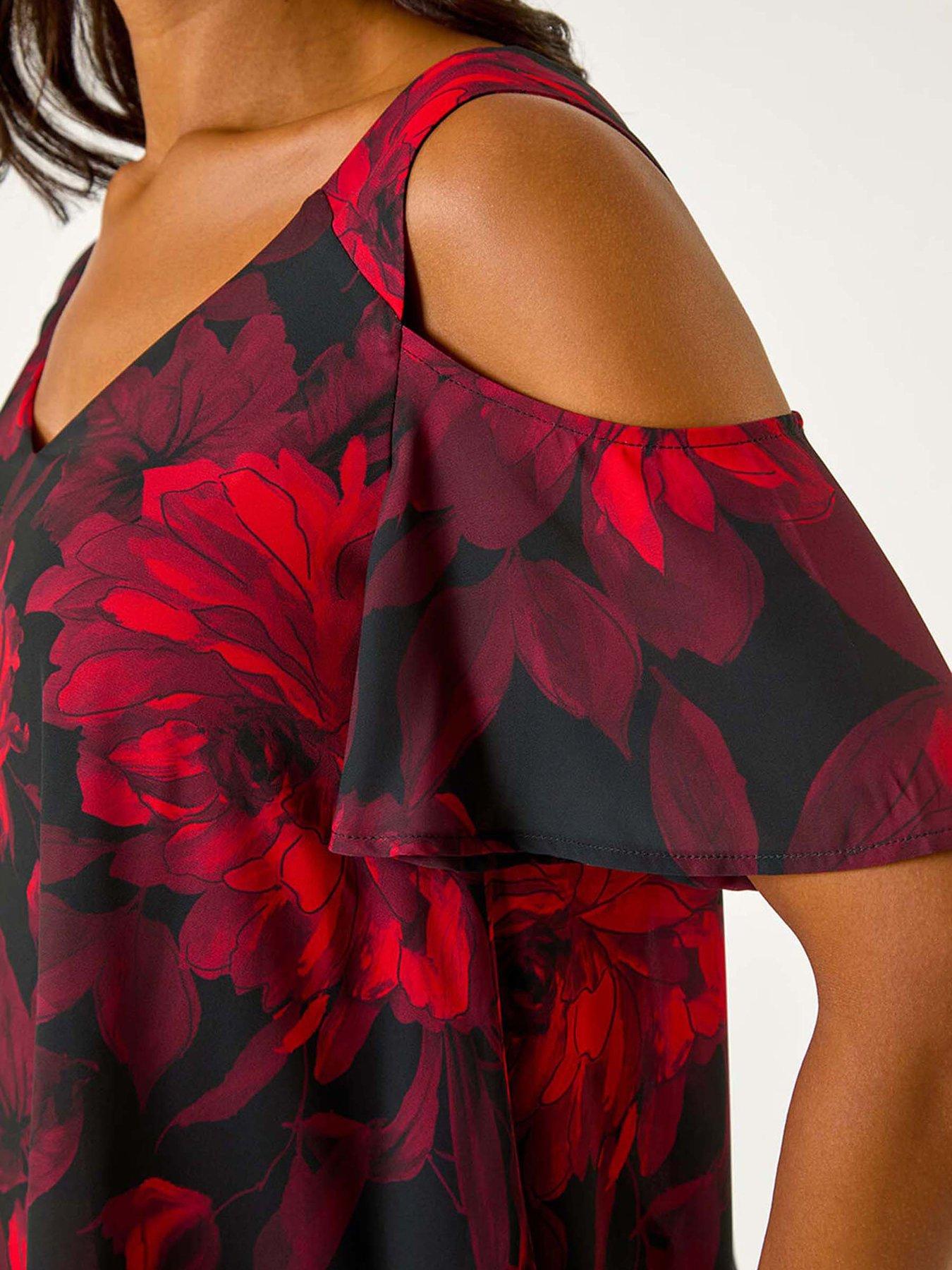 Roman Floral Print Cold Shoulder Asymmetric Top - Red | Very