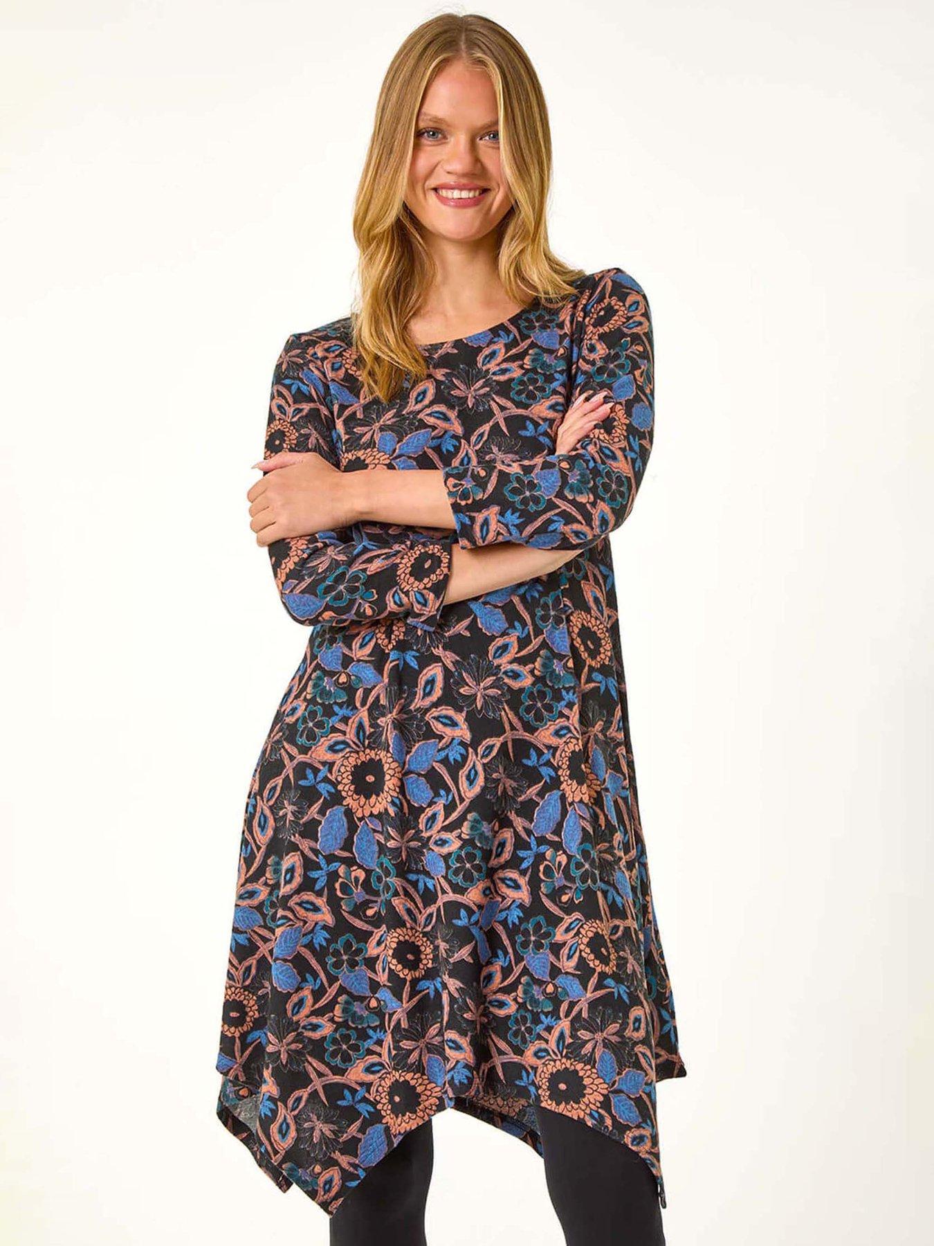 undefined Floral Print Hanky Hem Stretch Dress - Navy