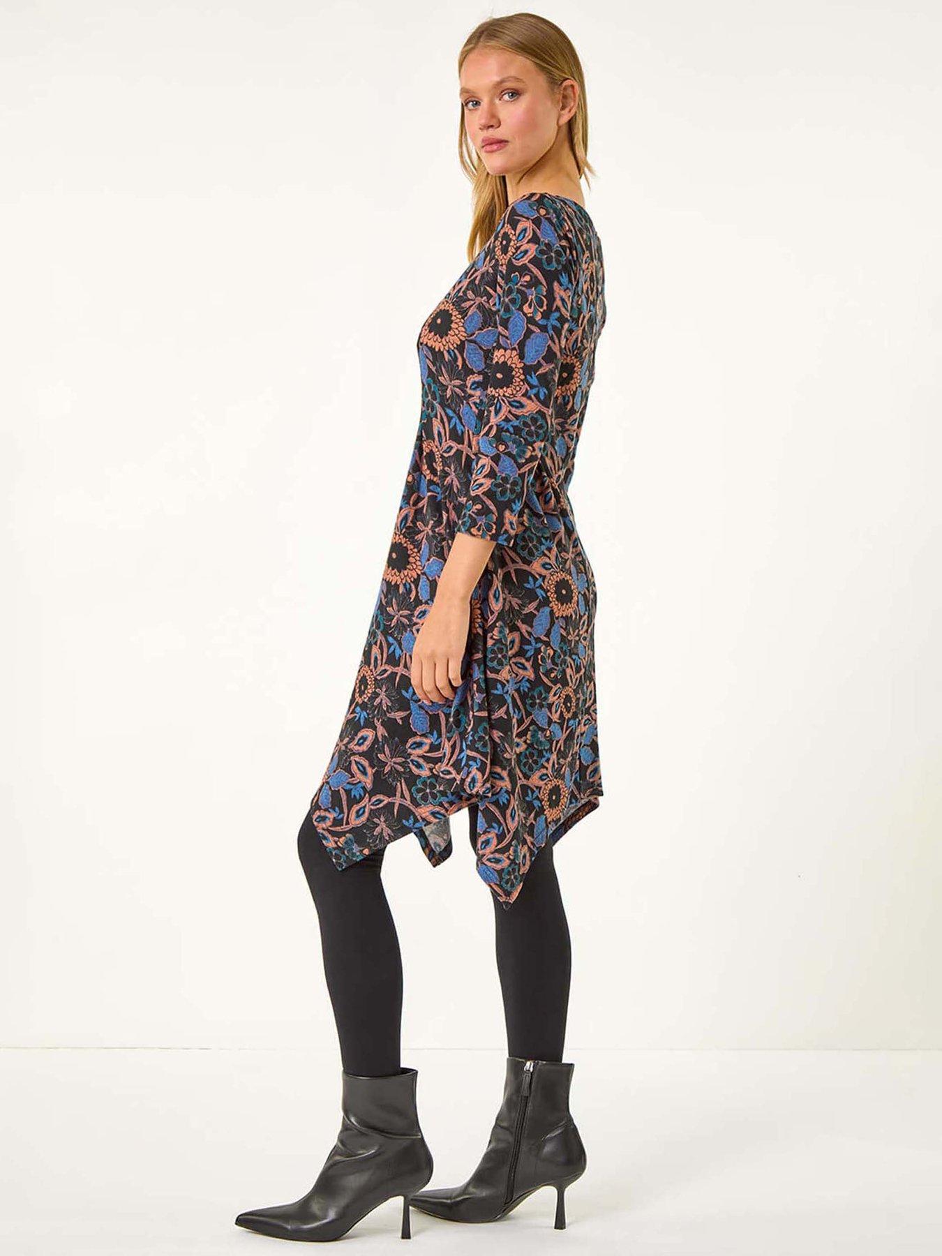Image 2 of 5 of Roman Floral Print Hanky Hem Stretch Dress - Navy