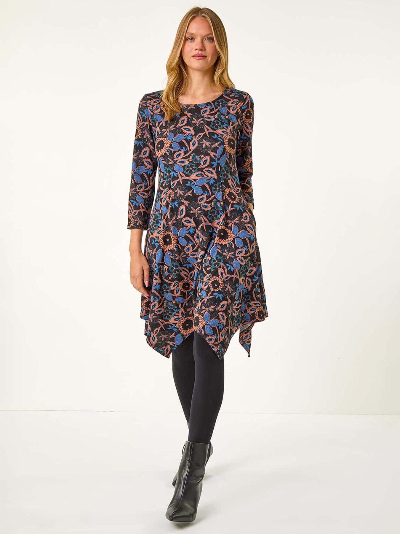 Image 3 of 5 of Roman Floral Print Hanky Hem Stretch Dress - Navy