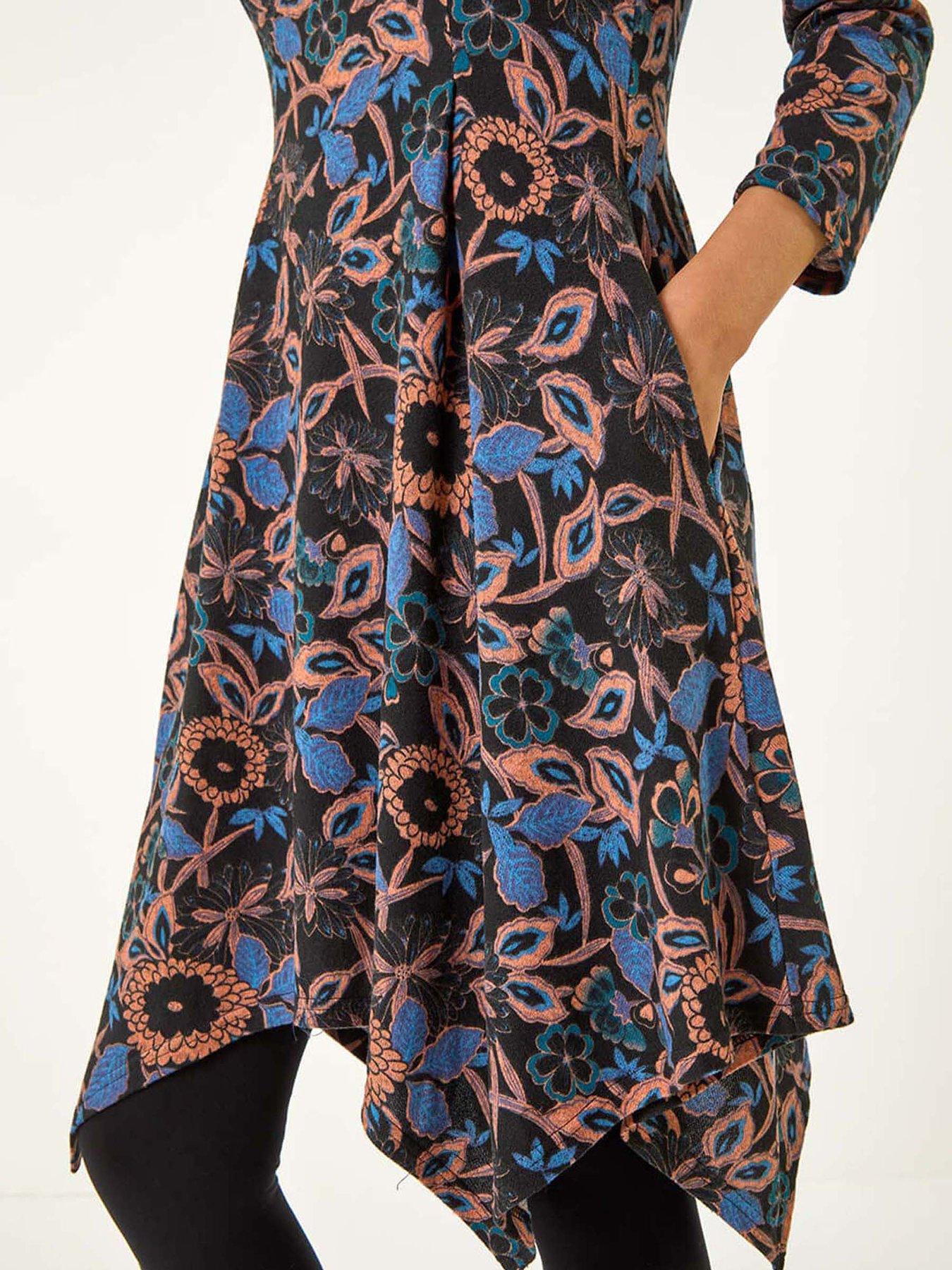 Image 5 of 5 of Roman Floral Print Hanky Hem Stretch Dress - Navy