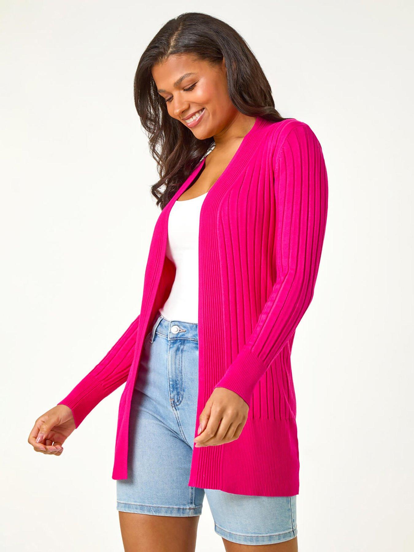 undefined Longline Stretch Ribbed Cardigan - Pink
