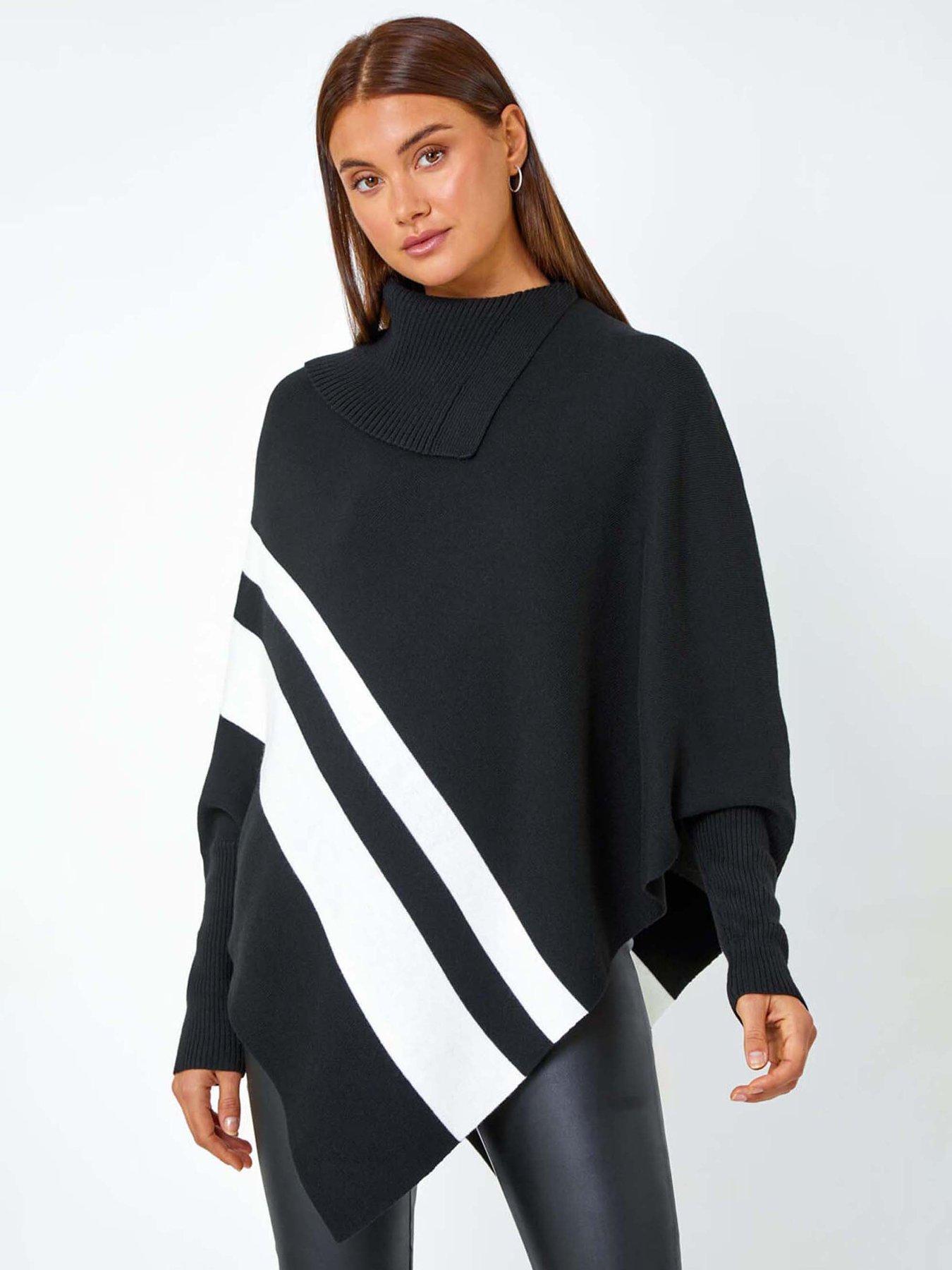 Image 1 of 5 of Roman Roll Neck Wool Blend Stripe Poncho - Black