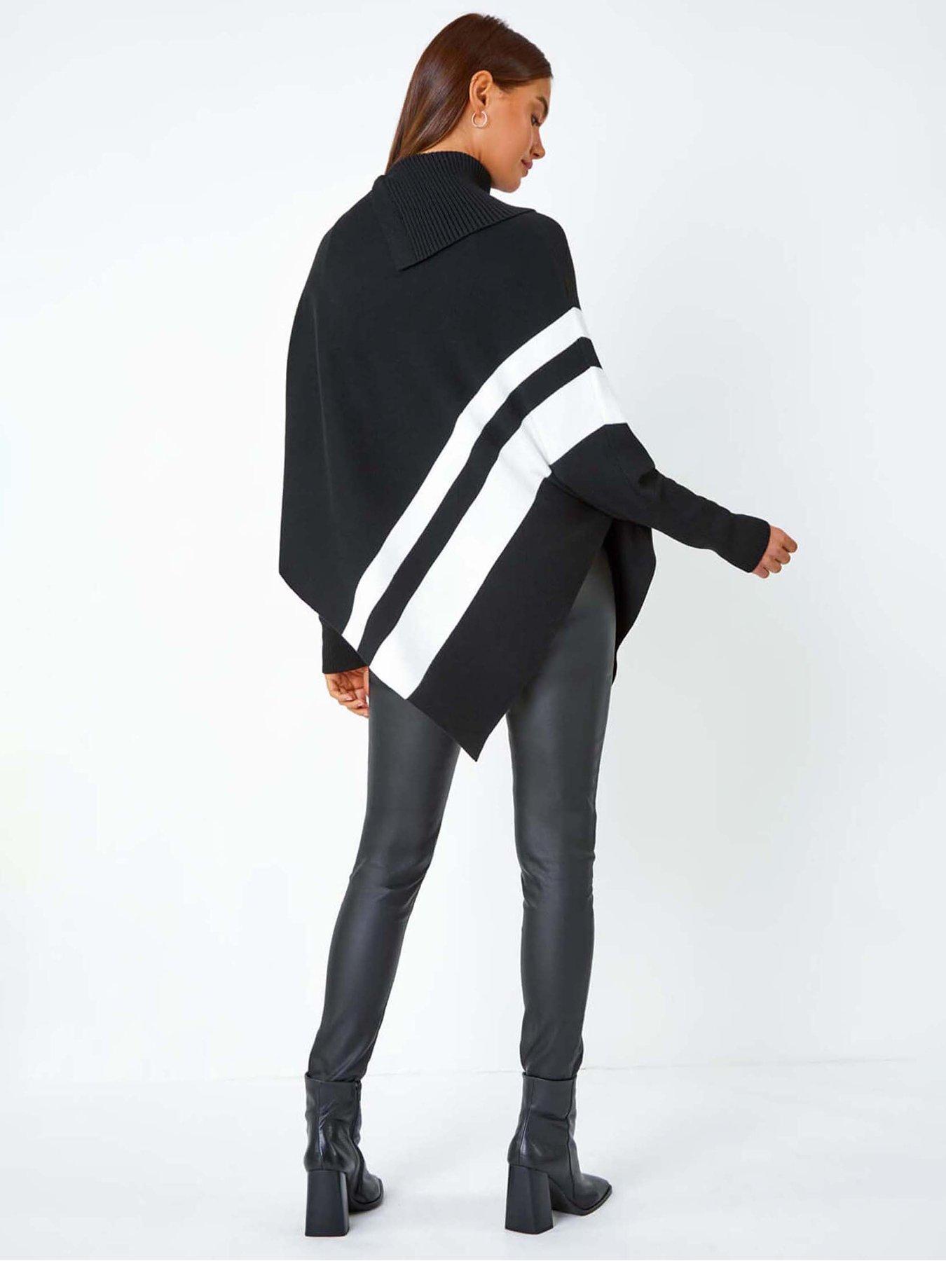Image 2 of 5 of Roman Roll Neck Wool Blend Stripe Poncho - Black
