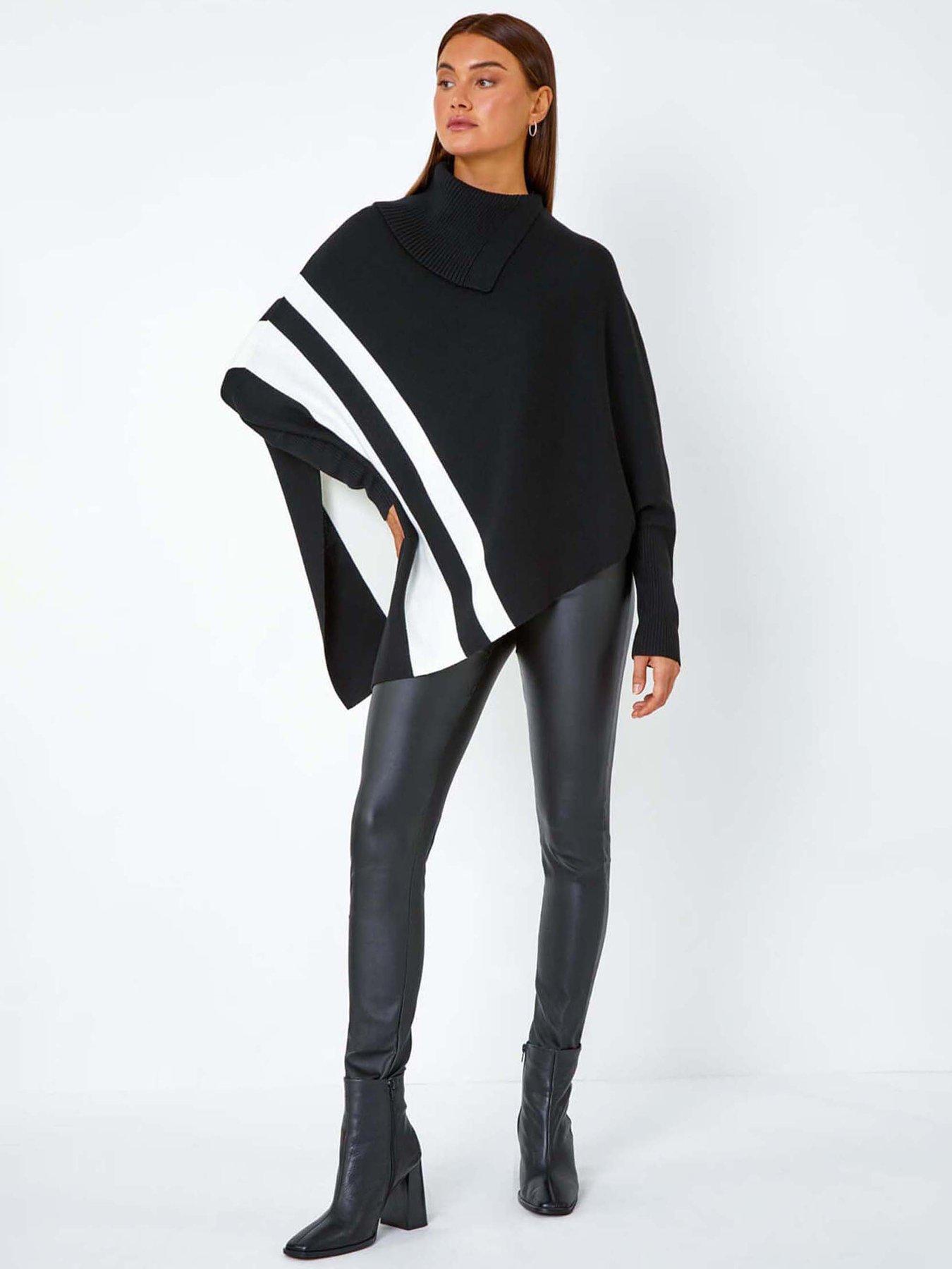 Image 3 of 5 of Roman Roll Neck Wool Blend Stripe Poncho - Black