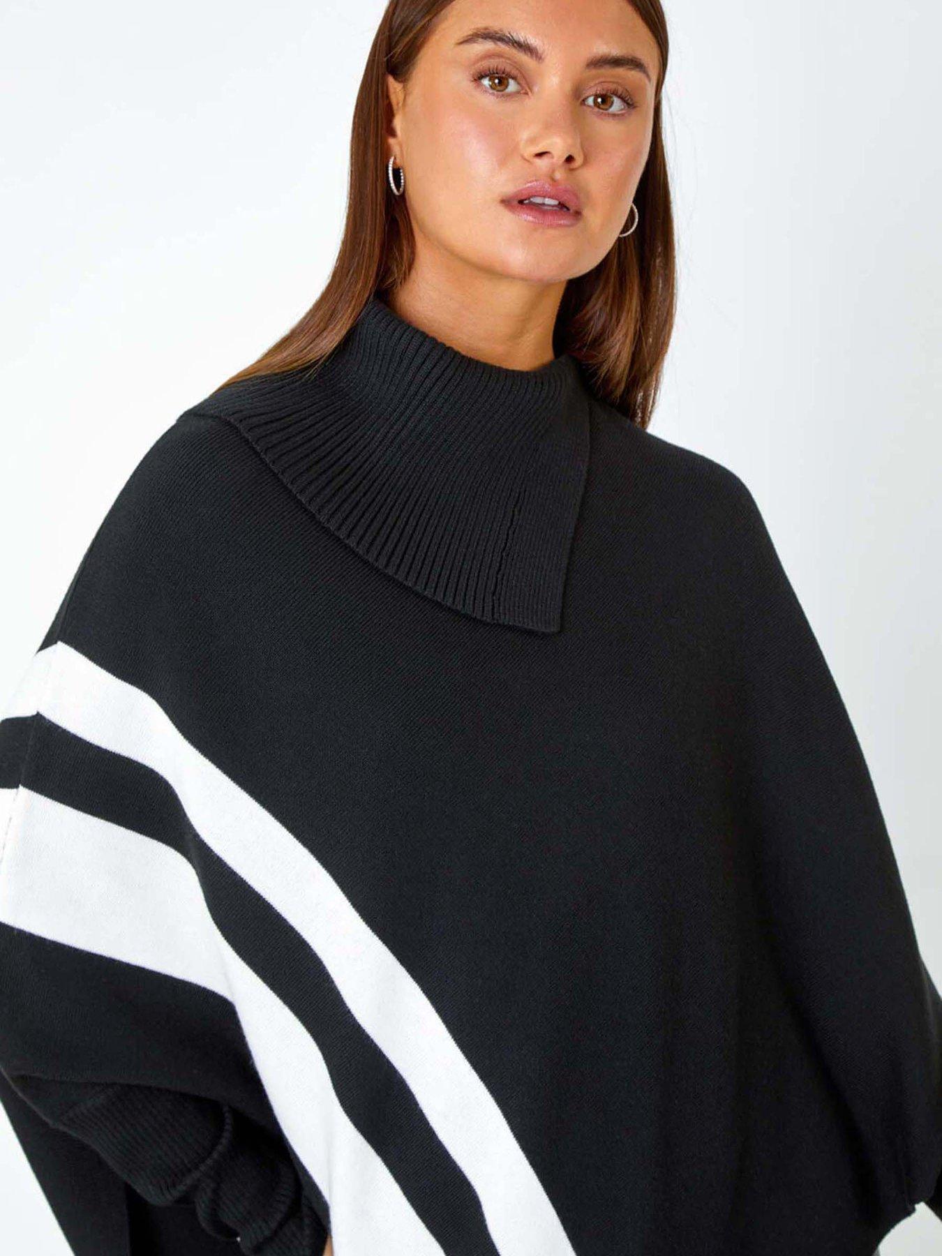 Image 4 of 5 of Roman Roll Neck Wool Blend Stripe Poncho - Black