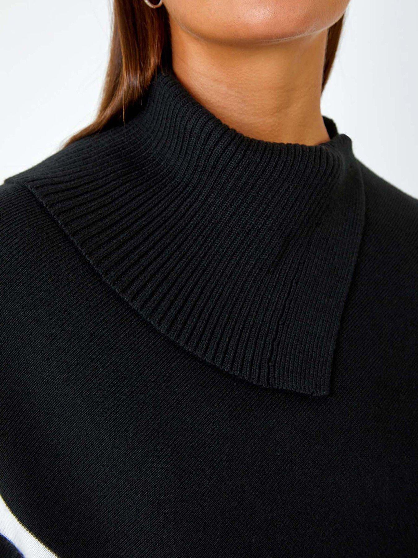 Image 5 of 5 of Roman Roll Neck Wool Blend Stripe Poncho - Black