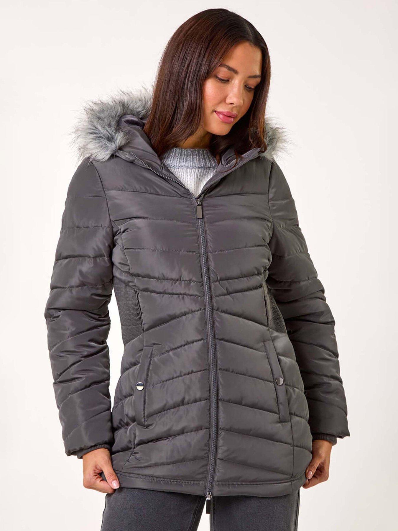 Roman Faux Fur Hooded Quilt Coat - Grey