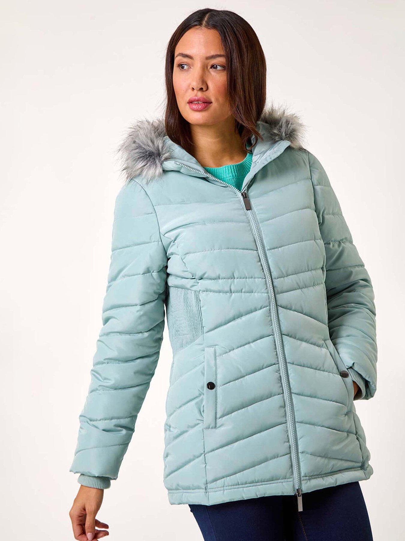 Roman Faux Fur Hooded Quilt Coat - Green