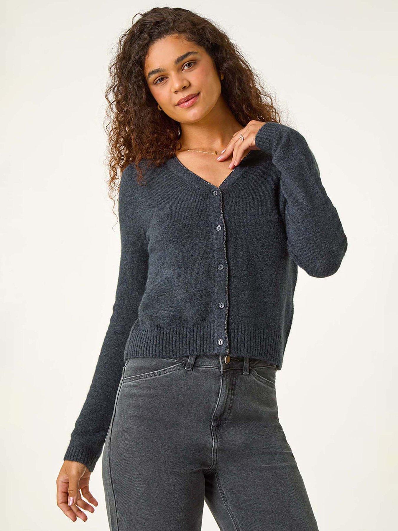 undefined Shimmer V-neck Ribbed Cardigan - Grey