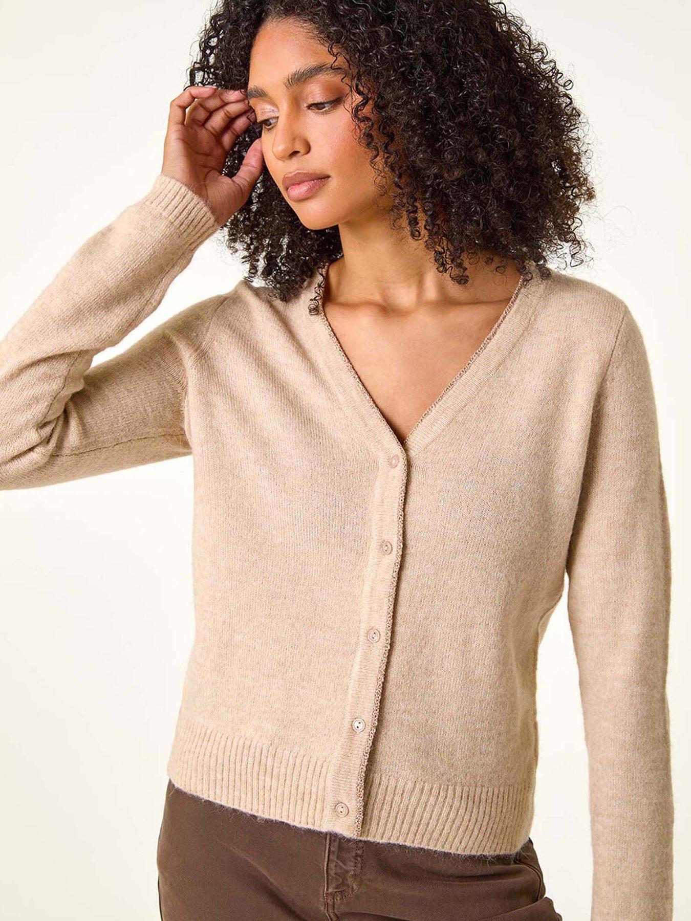 undefined Shimmer V-neck Ribbed Cardigan - Beige