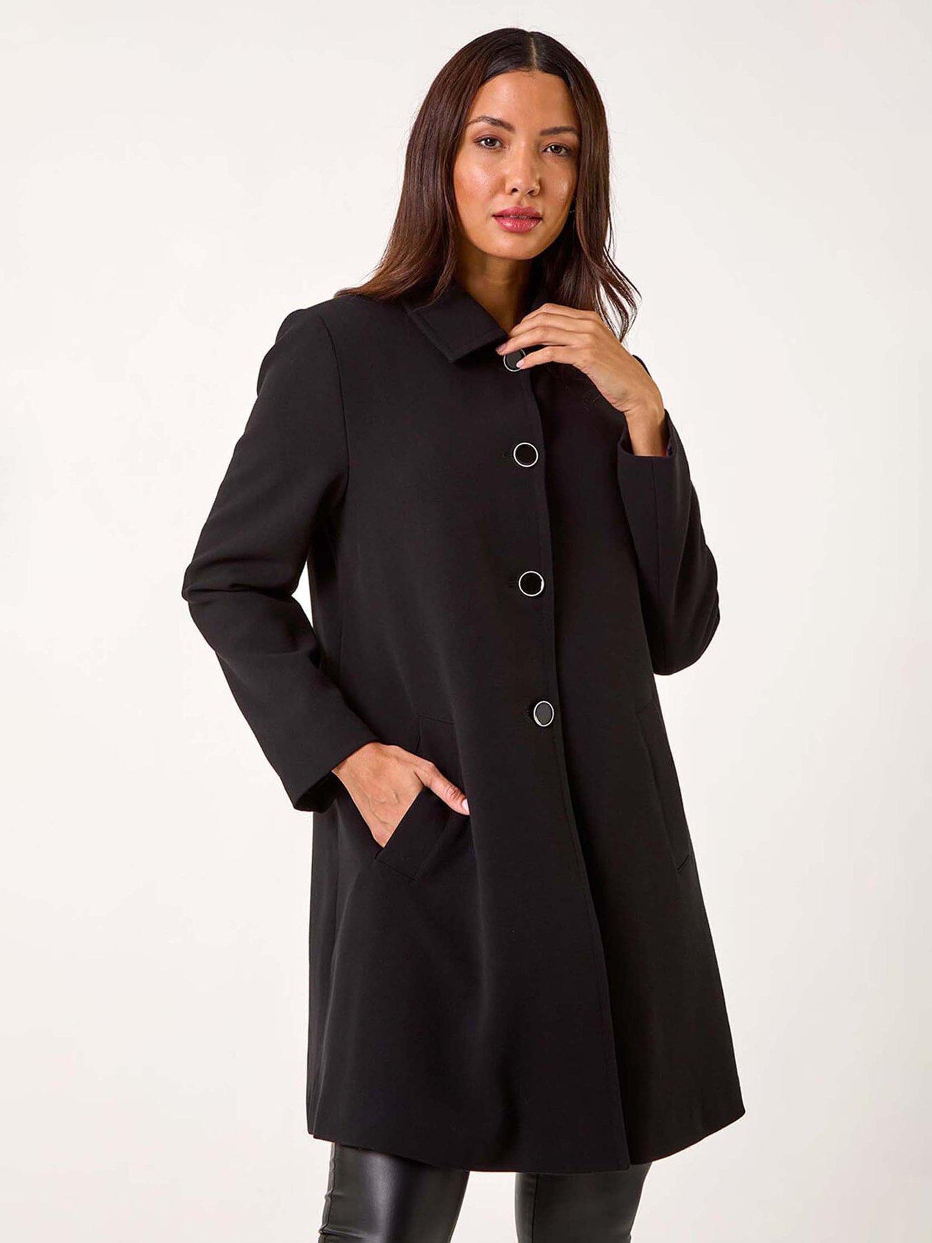Roman Buttoned Swing Coat, Black, Size 12, Women