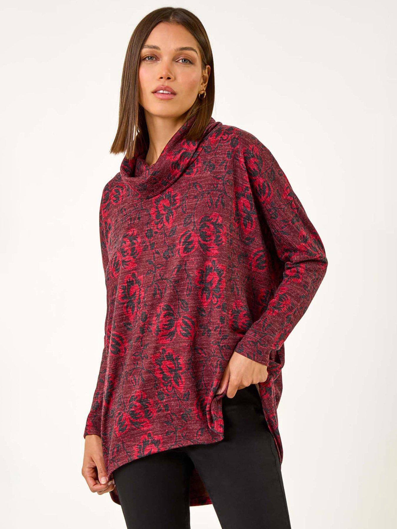 Roman Aztec Print Relaxed Cowl Neck Stretch Top - Red