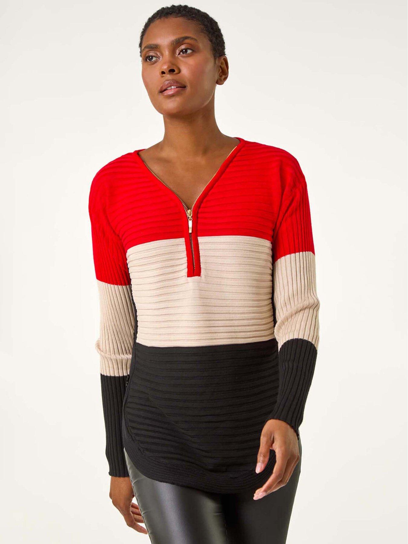 undefined Colour Block Zip Front Knit Jumper - Red
