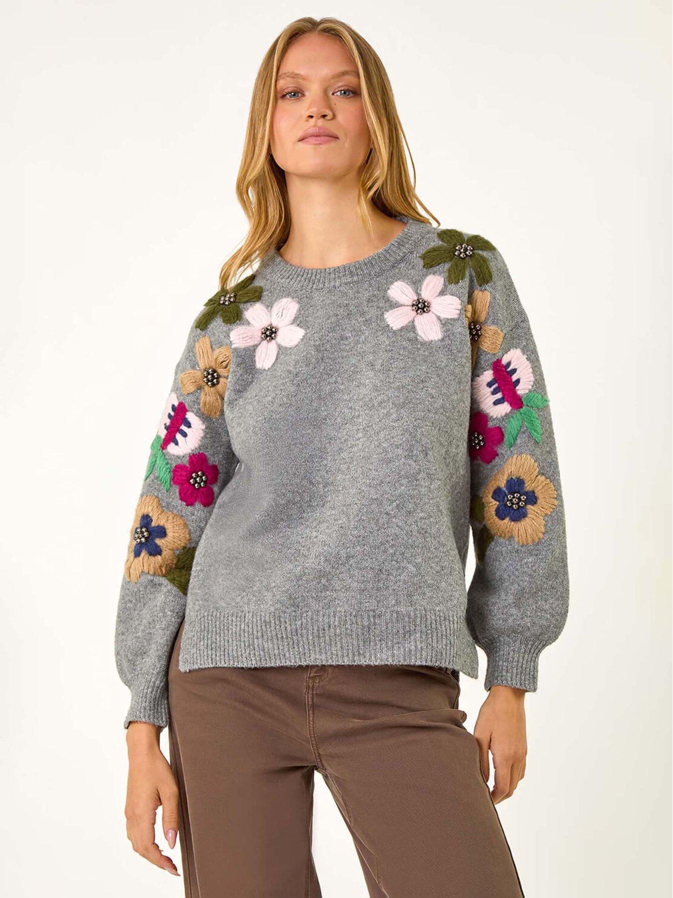 undefined Floral Embellished Jumper - Grey