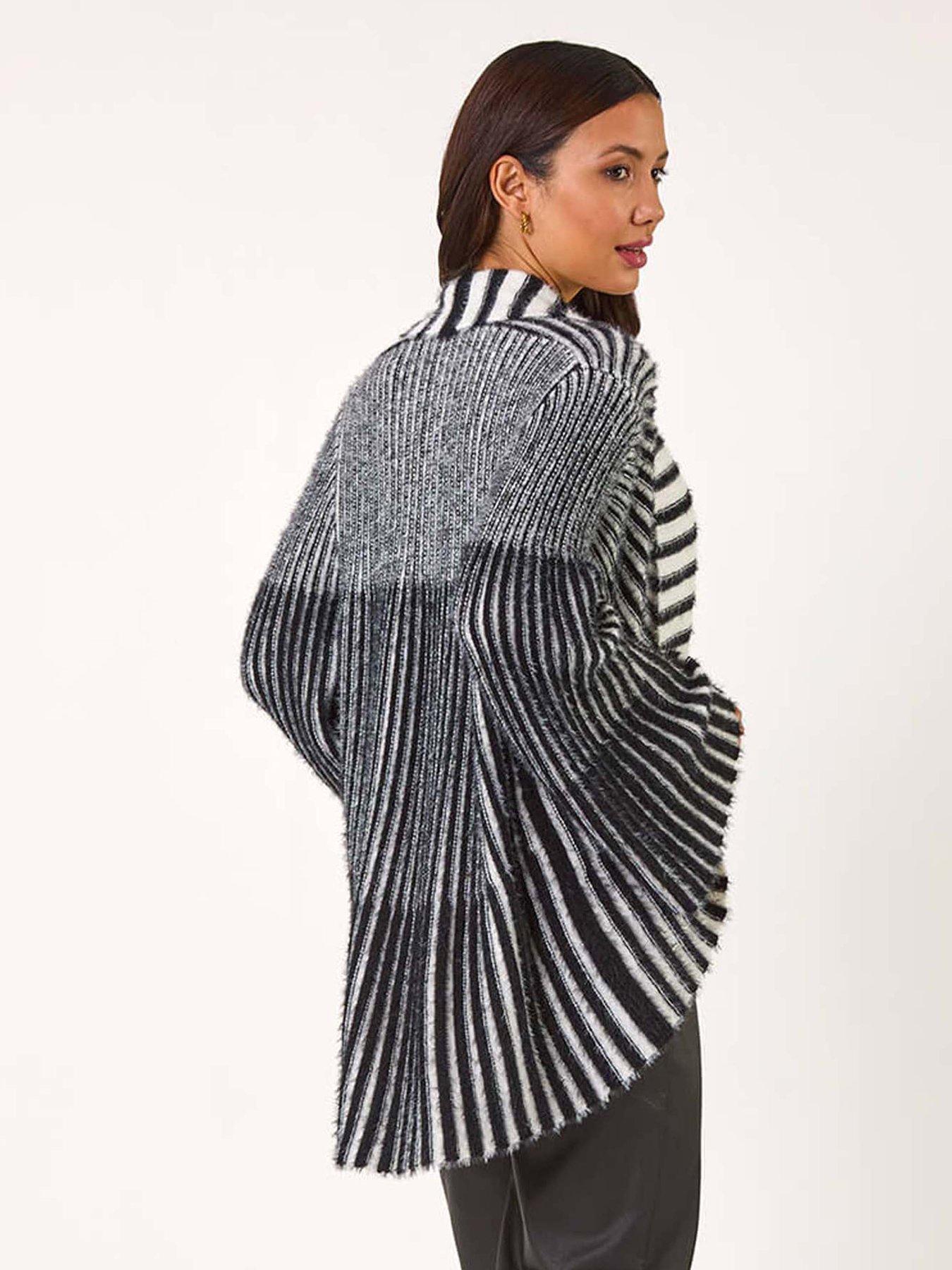 Image 2 of 5 of Roman Shawl Fluffy Striped Knit Cardigan - Black