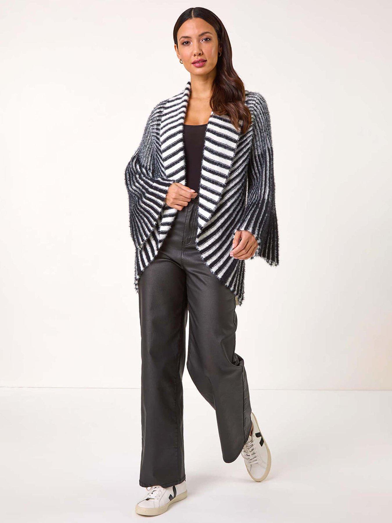 Image 3 of 5 of Roman Shawl Fluffy Striped Knit Cardigan - Black