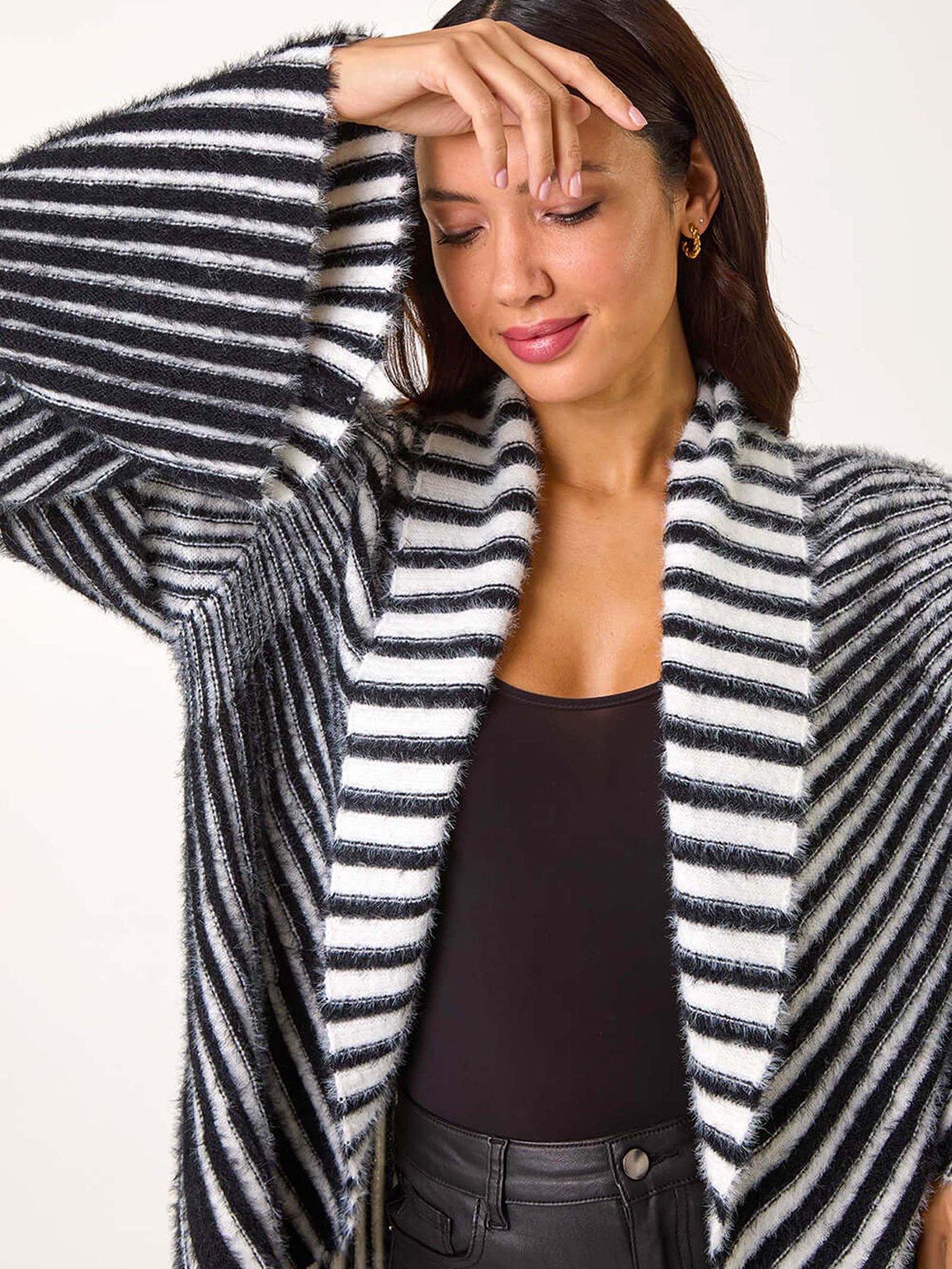 Image 4 of 5 of Roman Shawl Fluffy Striped Knit Cardigan - Black