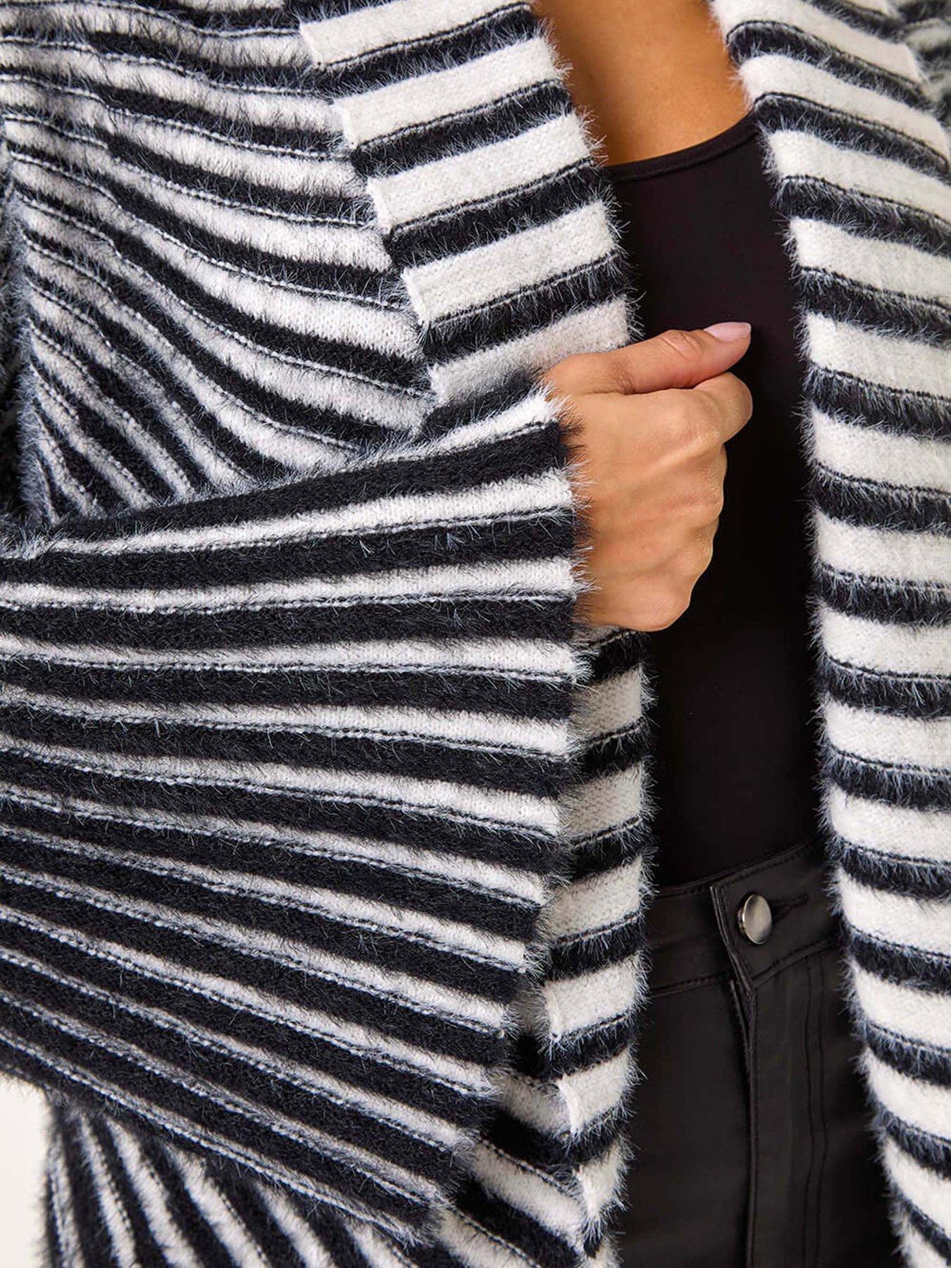 Image 5 of 5 of Roman Shawl Fluffy Striped Knit Cardigan - Black