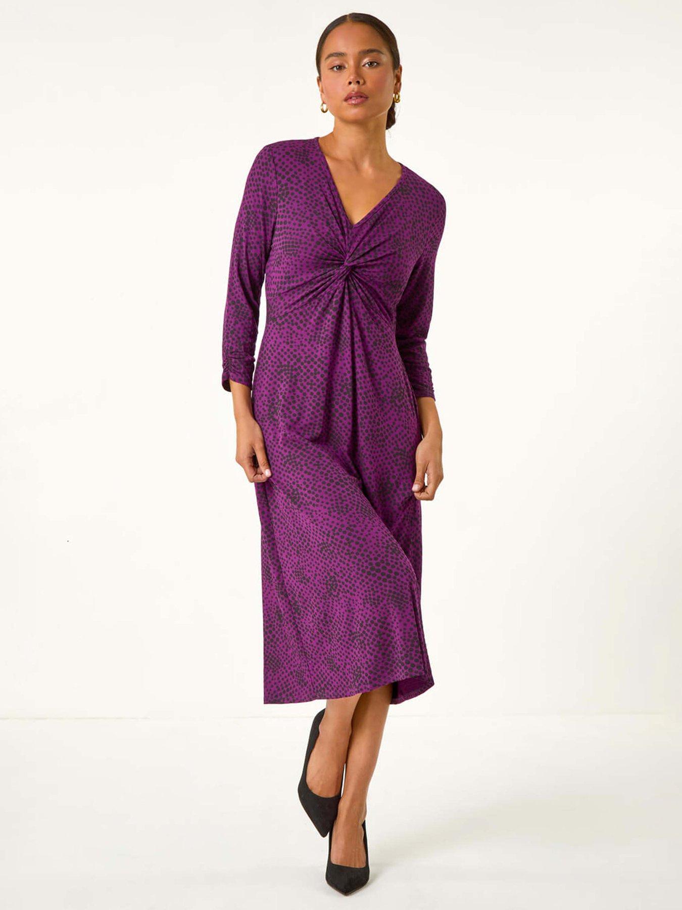 Roman Petite Twist Front V-neck Midi Dress - Purple