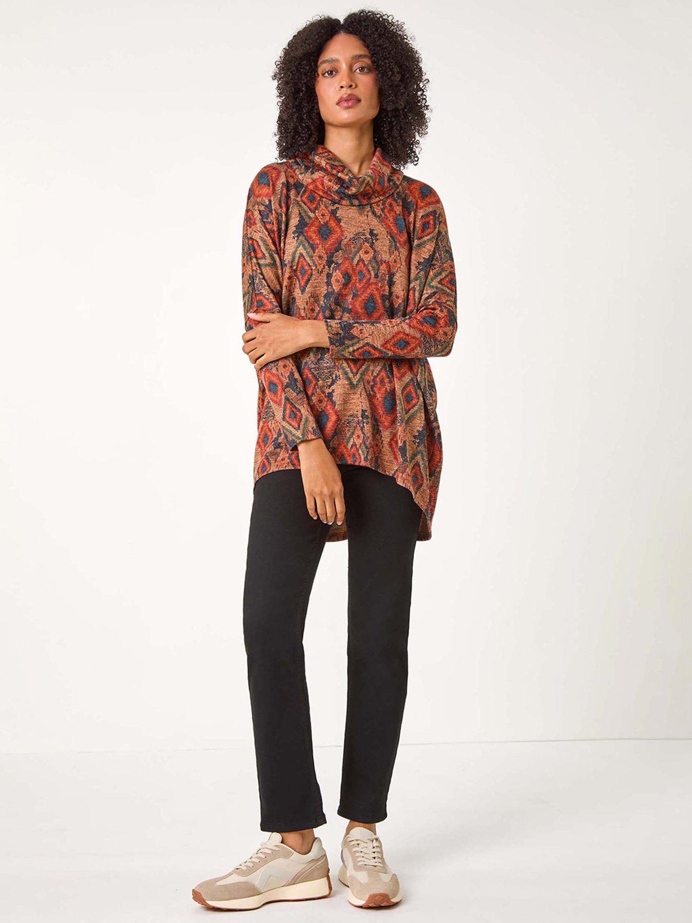 Roman Aztec Print Cowl Neck Tunic Top - Beige | Very