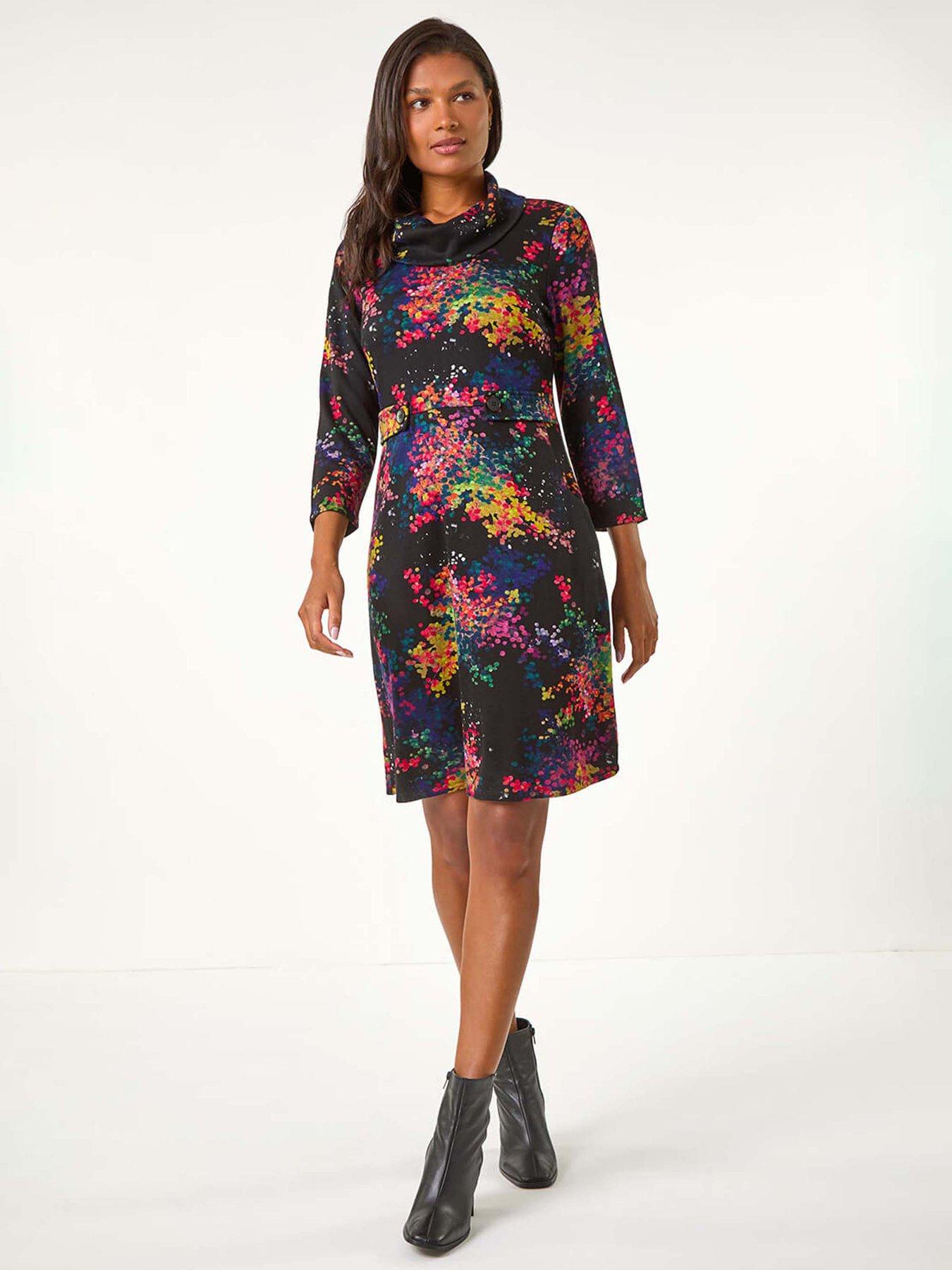 undefined Abstract Print Ponte Tab Detail Dress - Purple