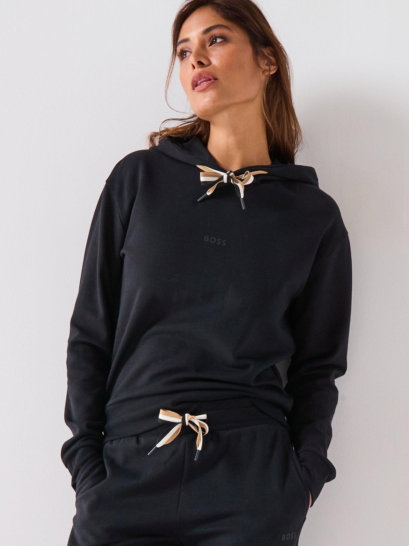 BOSS Logo Print Hoodie With Signature Stripe Cords Black Very