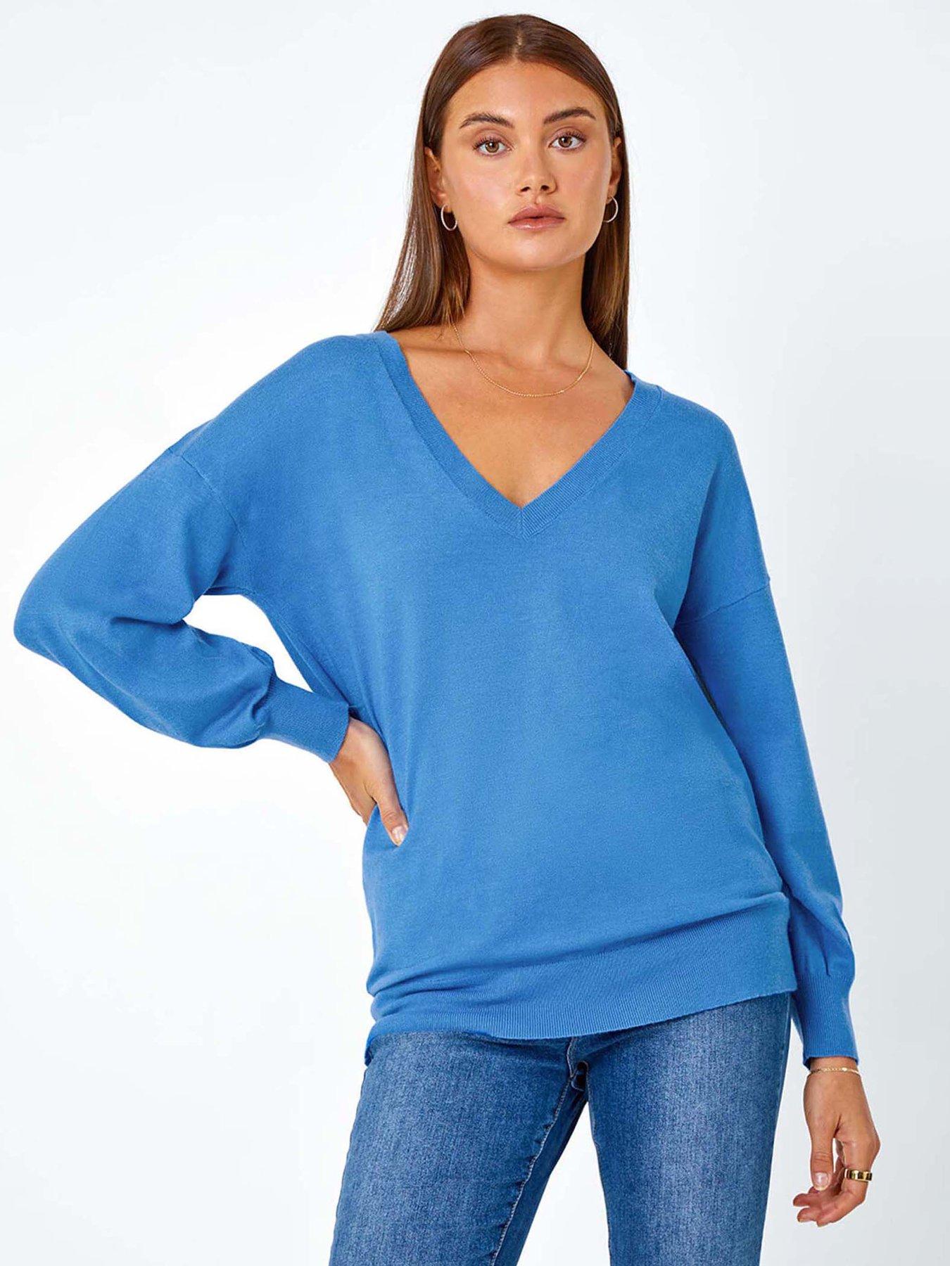 undefined Plain Stretch V-neck Longline Jumper - Blue