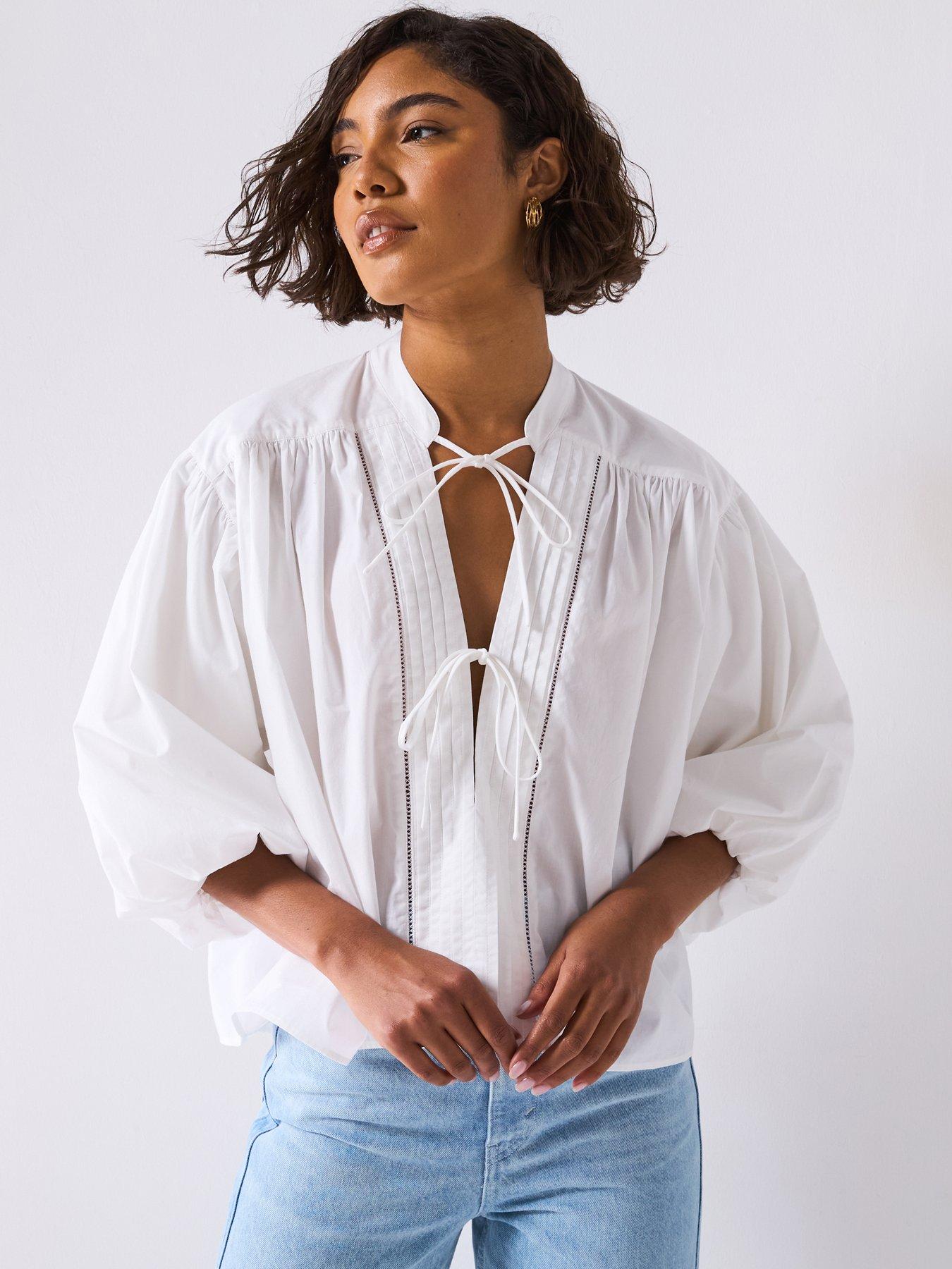 BOSS Bale Puff Sleeve Shirt With Front Ties - White
