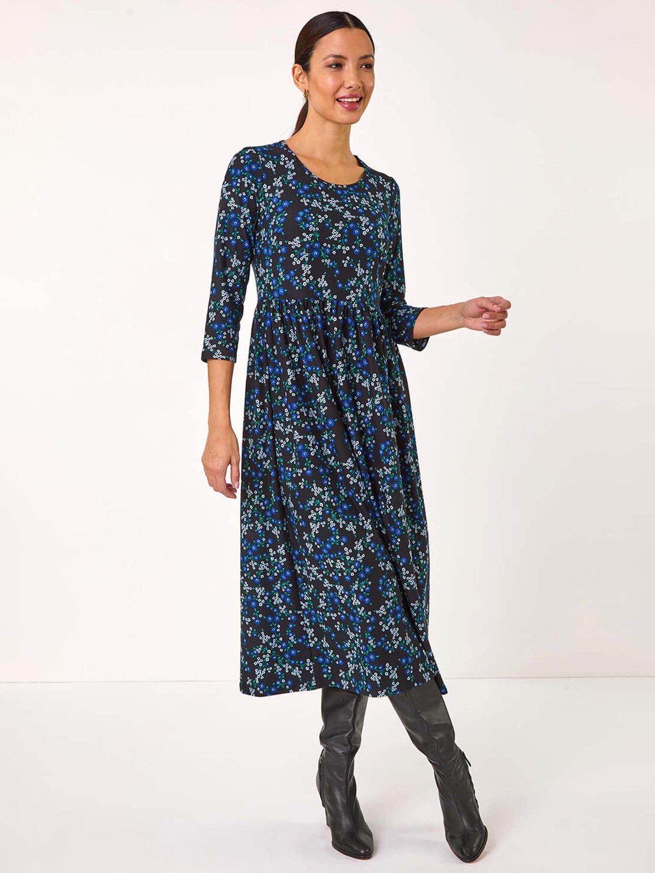 undefined Gathered Waist Floral Midi Dress - Blue
