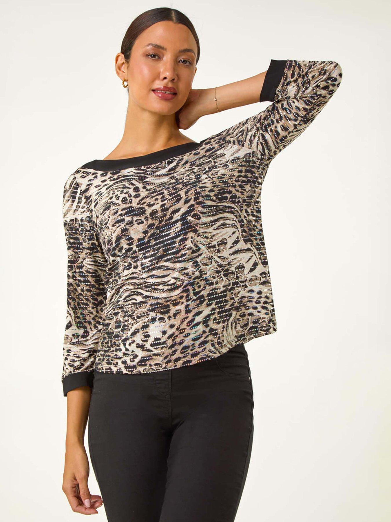 undefined Animal Print Holographic Top - Beige