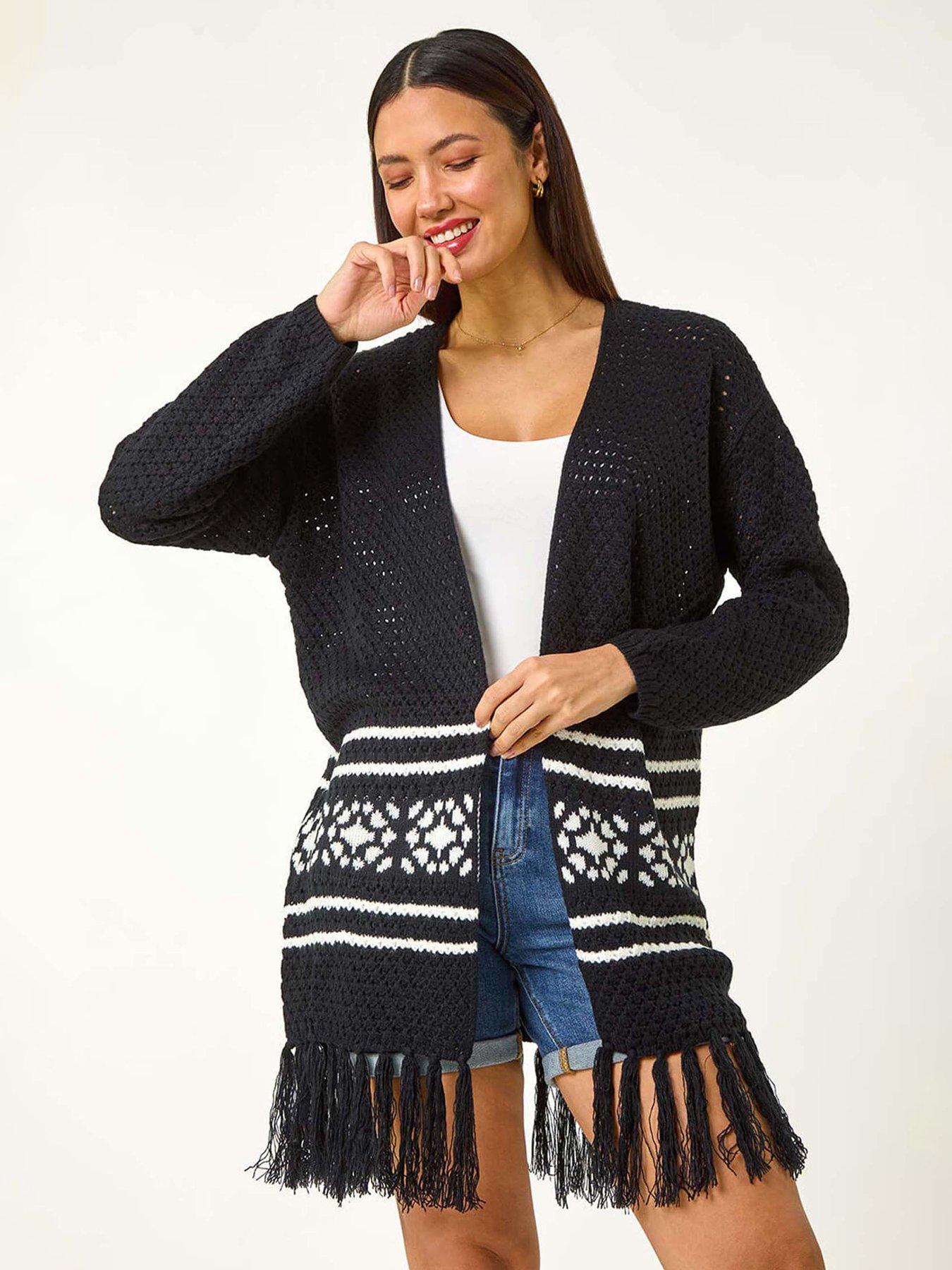 undefined Jacquard Fringe Hem Knit Cardigan - Black