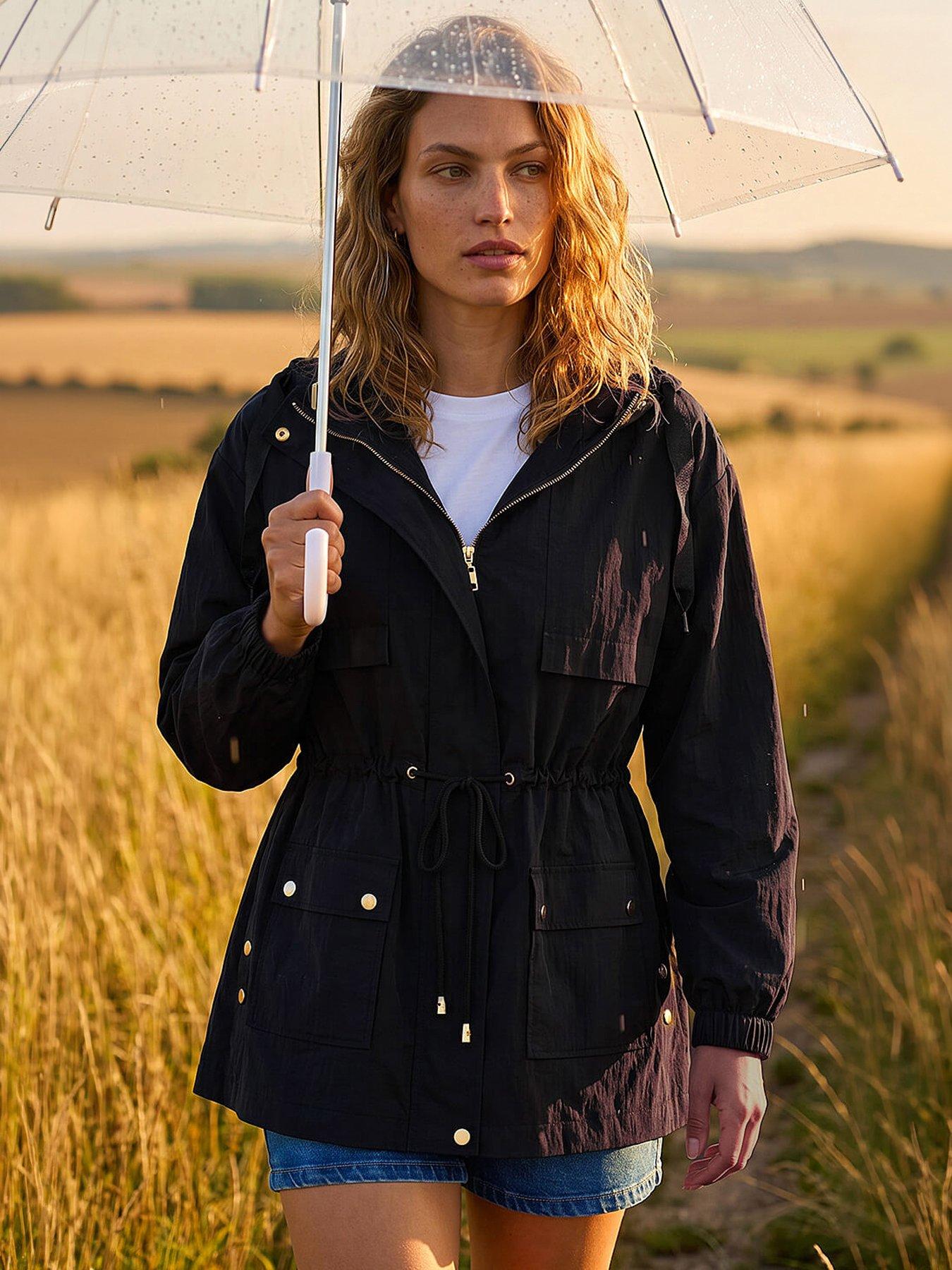 Roman Shower Resistant Rain Jacket, Black, Size 16, Women