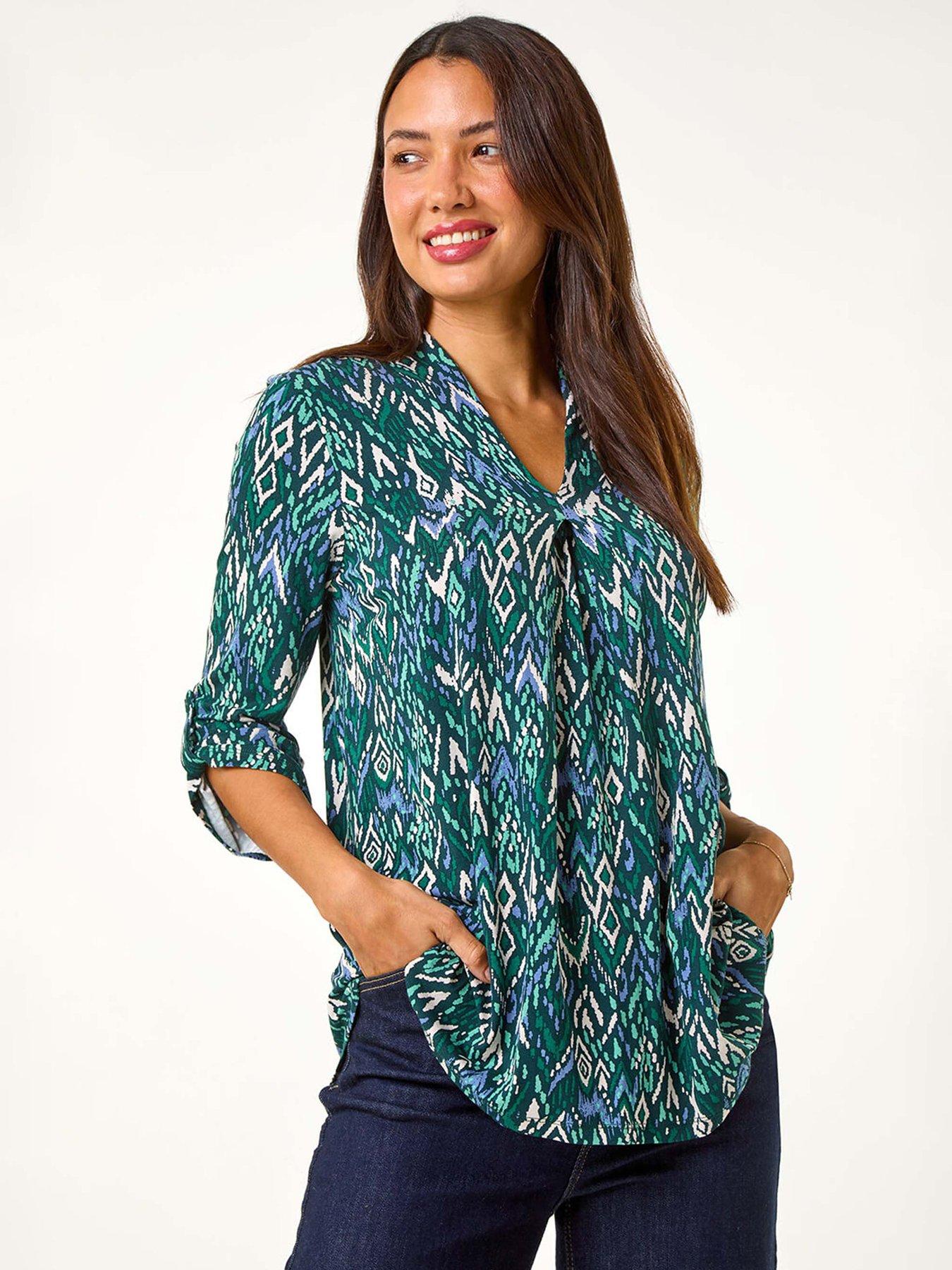 undefined Abstract Print Front Pleat Stretch Top - Green