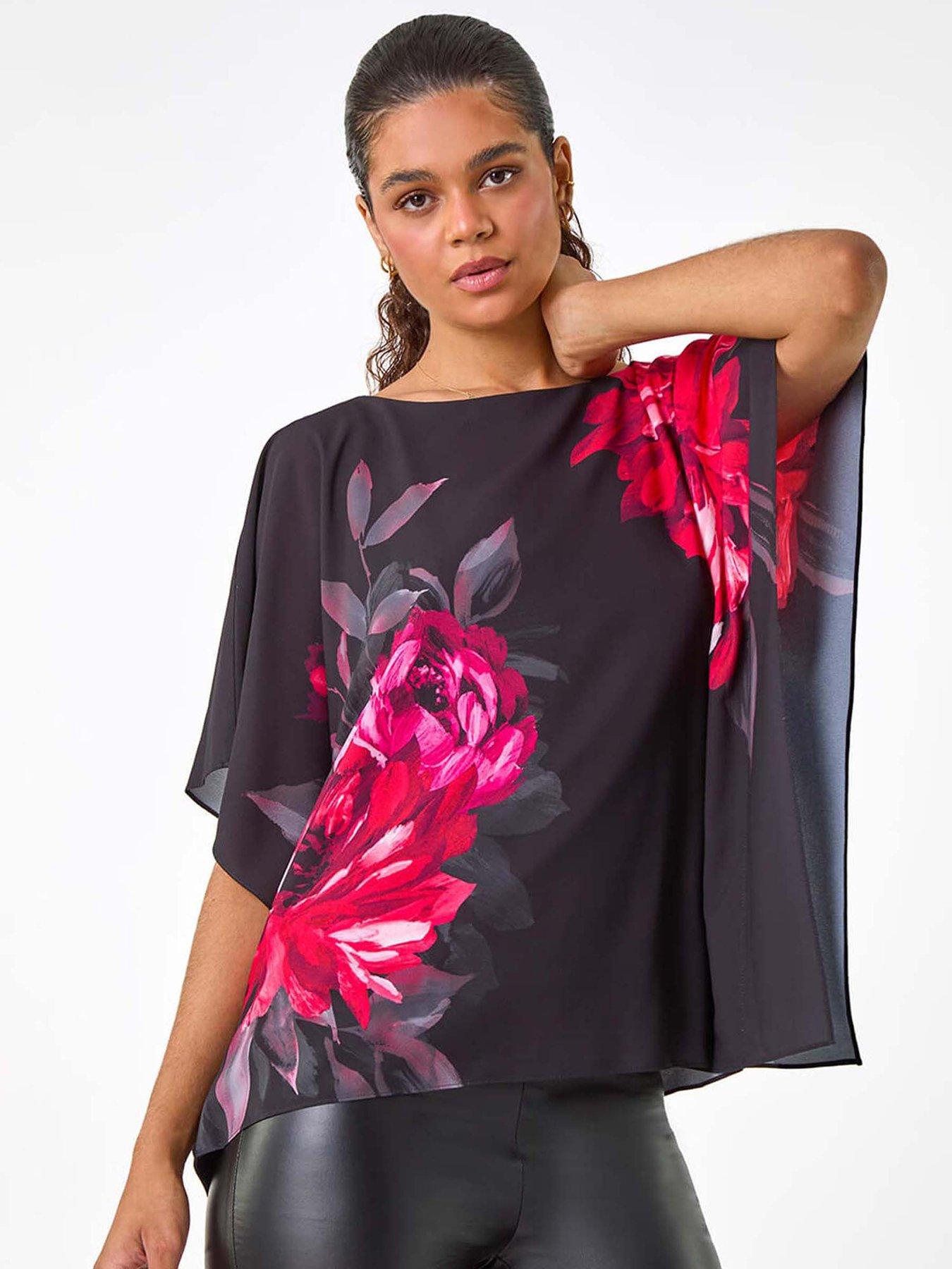 undefined Floral Print Chiffon Overlay Top - Red