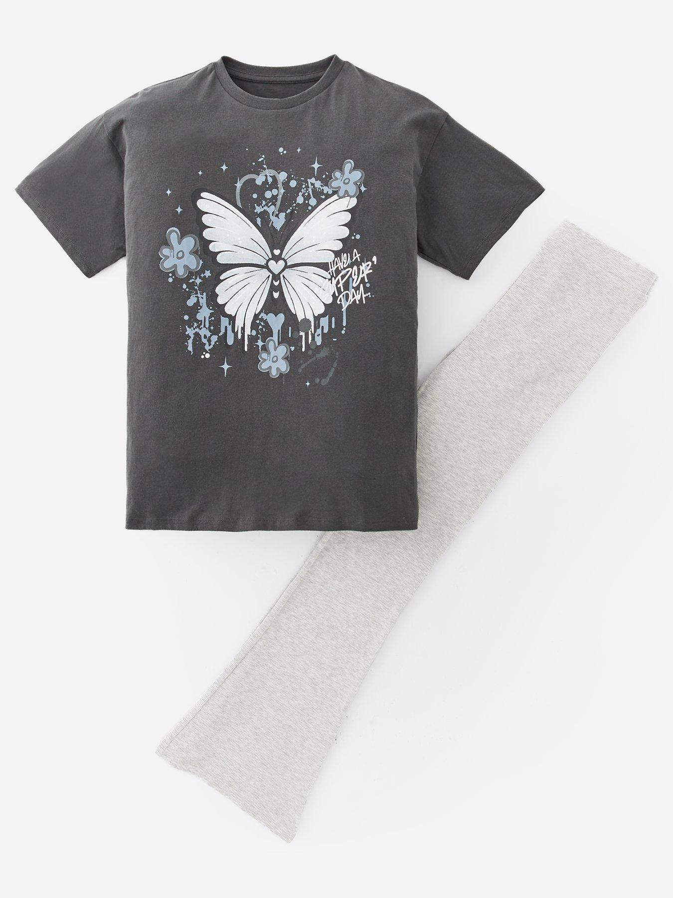 V by Very Girls Butterfly T-Shirt And Flare Legging - Charcoal Grey