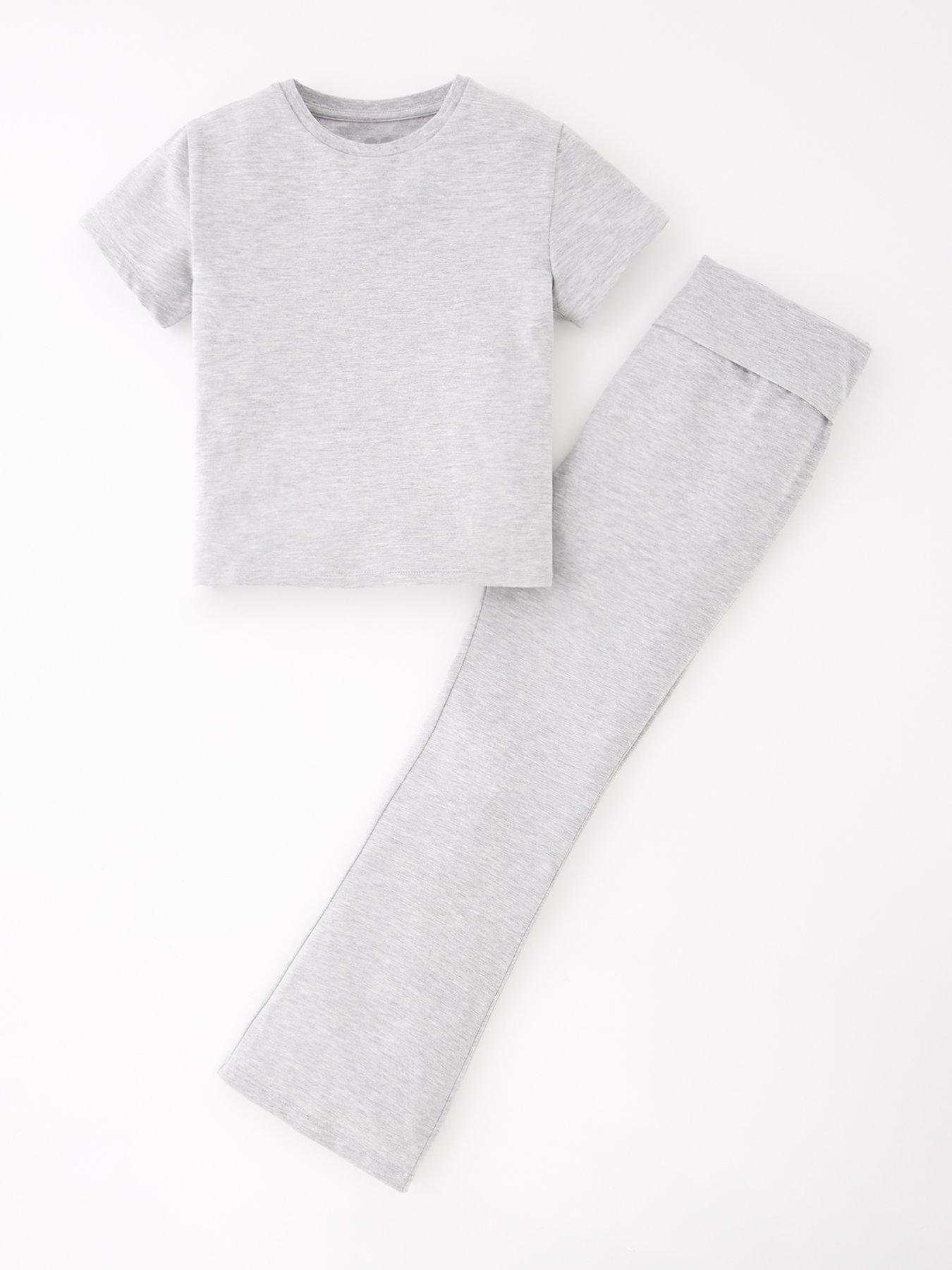 undefined Girls Folder Over Waist Legging And Tshirt Set - Grey Marl