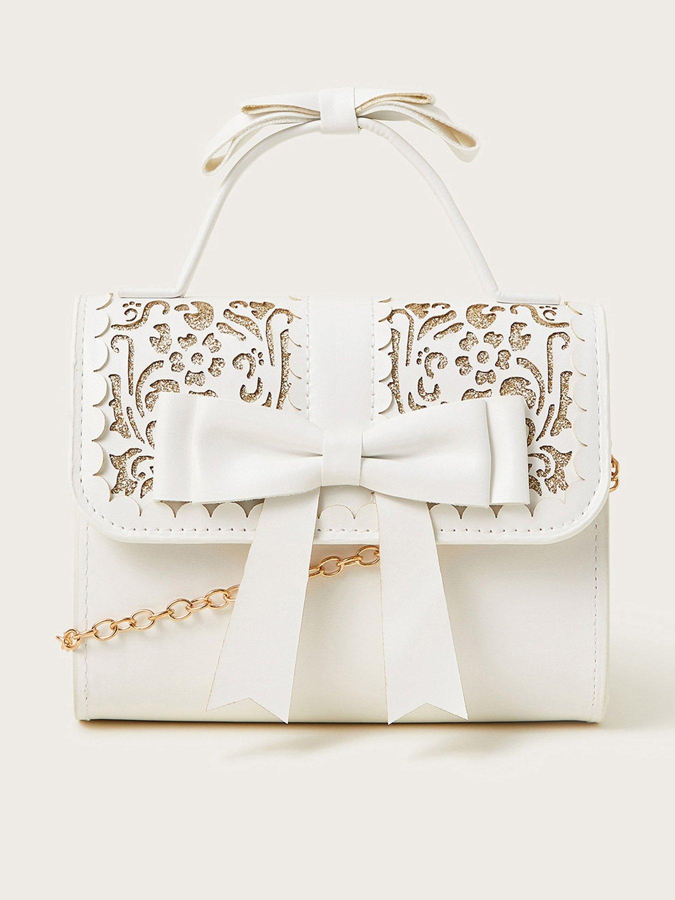 undefined Girls Glitter Cutwork Floral Bow Bag - White