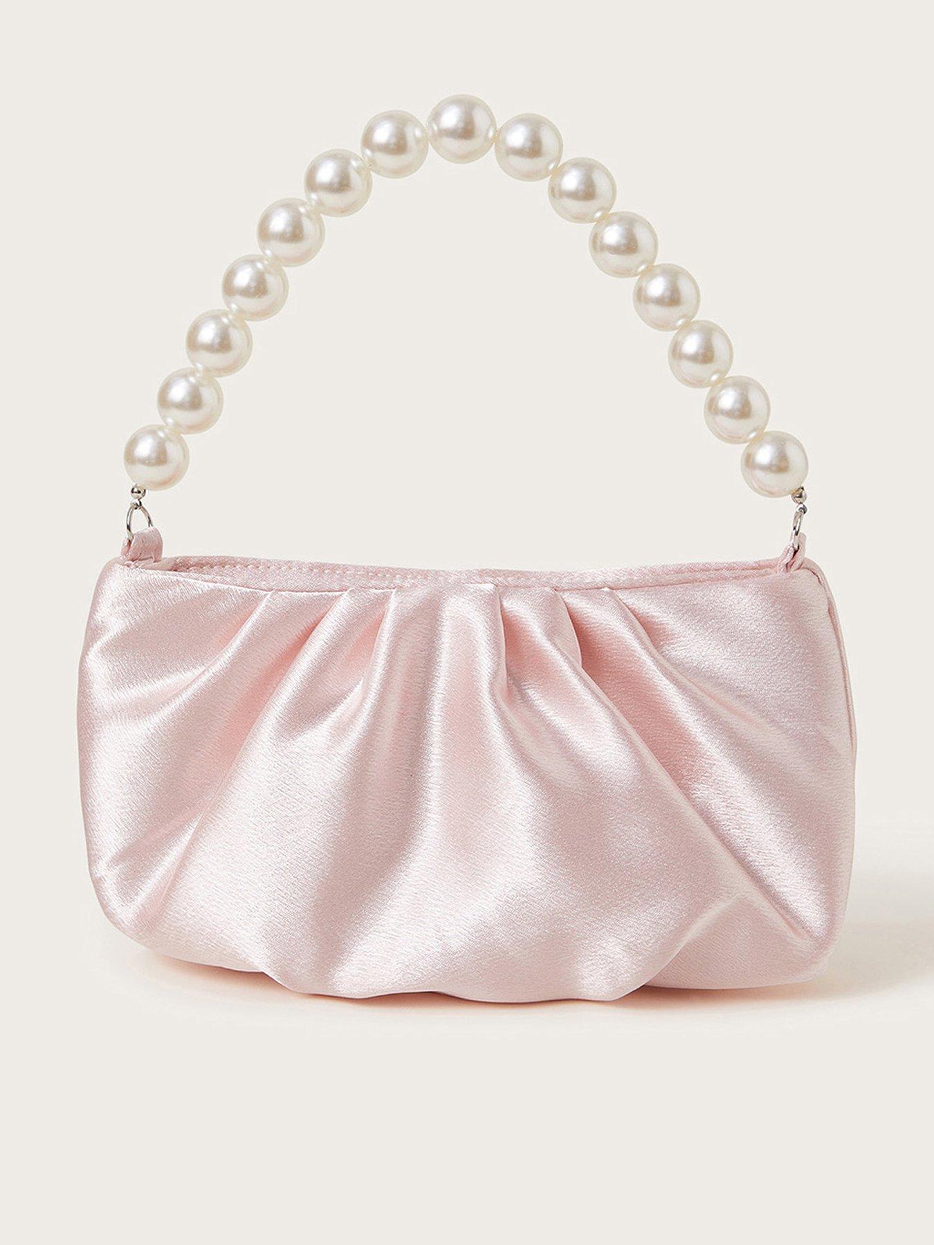 undefined Girls Pearl Strap Satin Party Bag - Beige
